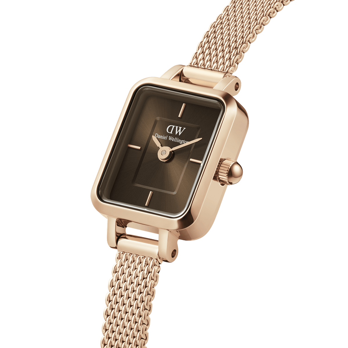 Rectangular women’s watch with a deep amber sunray dial, minimalist index markers, and a slim rose gold mesh strap, featuring a polished stainless steel case and elegant, modern styling.
