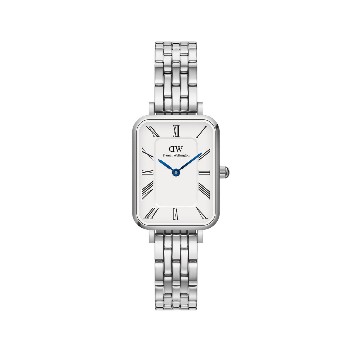 Rectangular silver women’s watch with Roman numerals, blue hands, and a 5-link stainless steel bracelet.