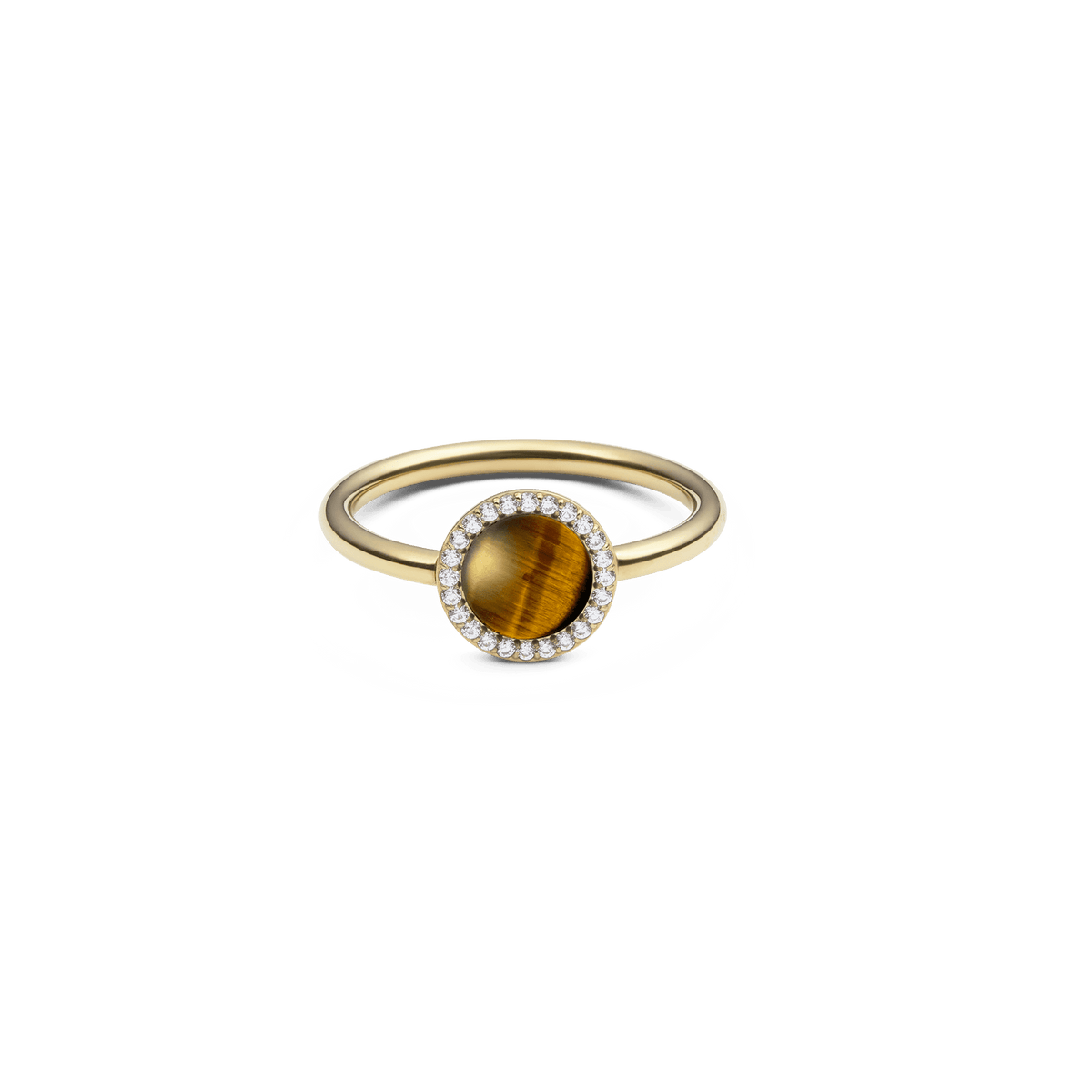 Gold ring with domed tiger eye centre, haloed by white cubic zirconia crystals, slim band, elegant and modern design.