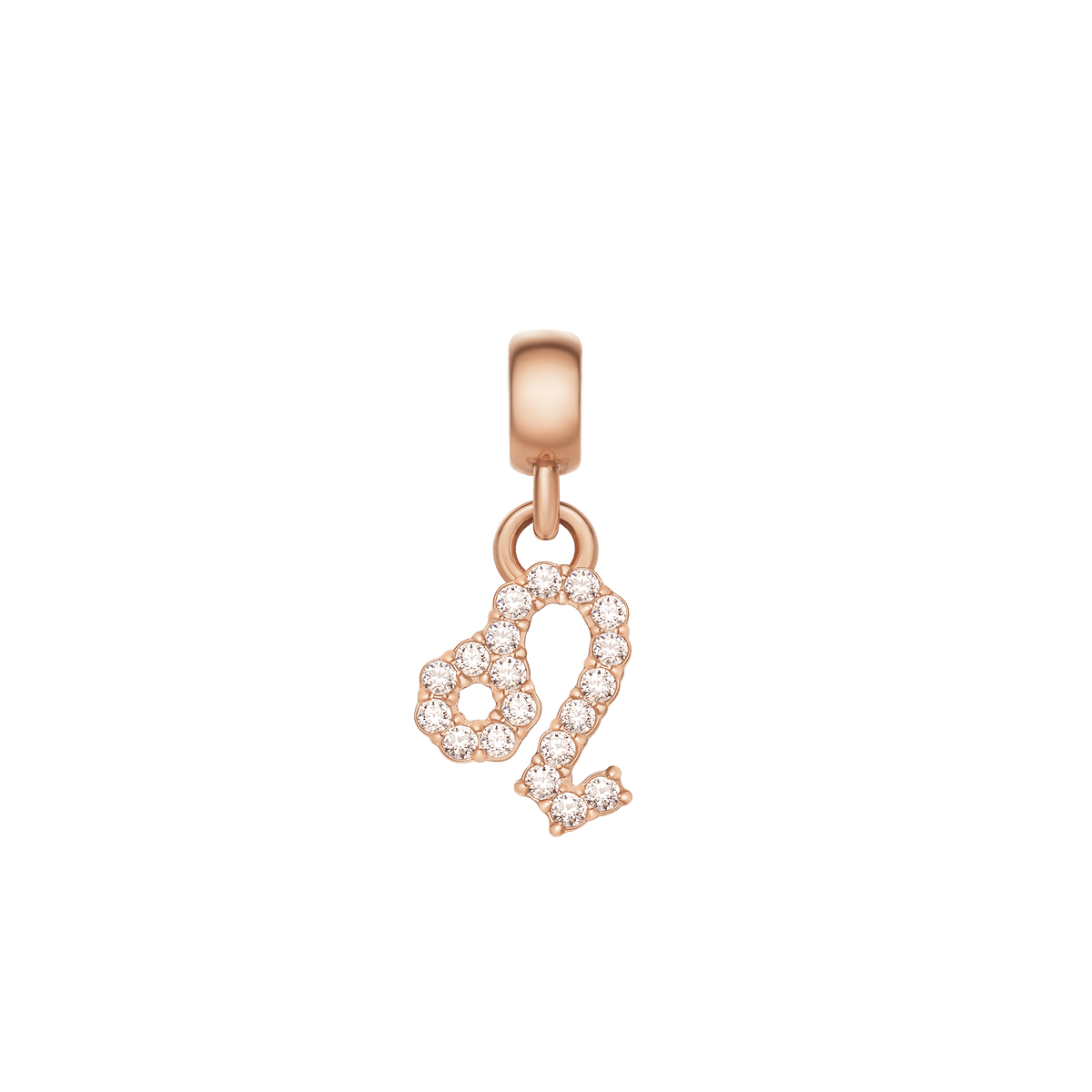 Rose gold zodiac charm featuring the Leo symbol, adorned with sparkling cubic zirconia crystals in a delicate claw setting.