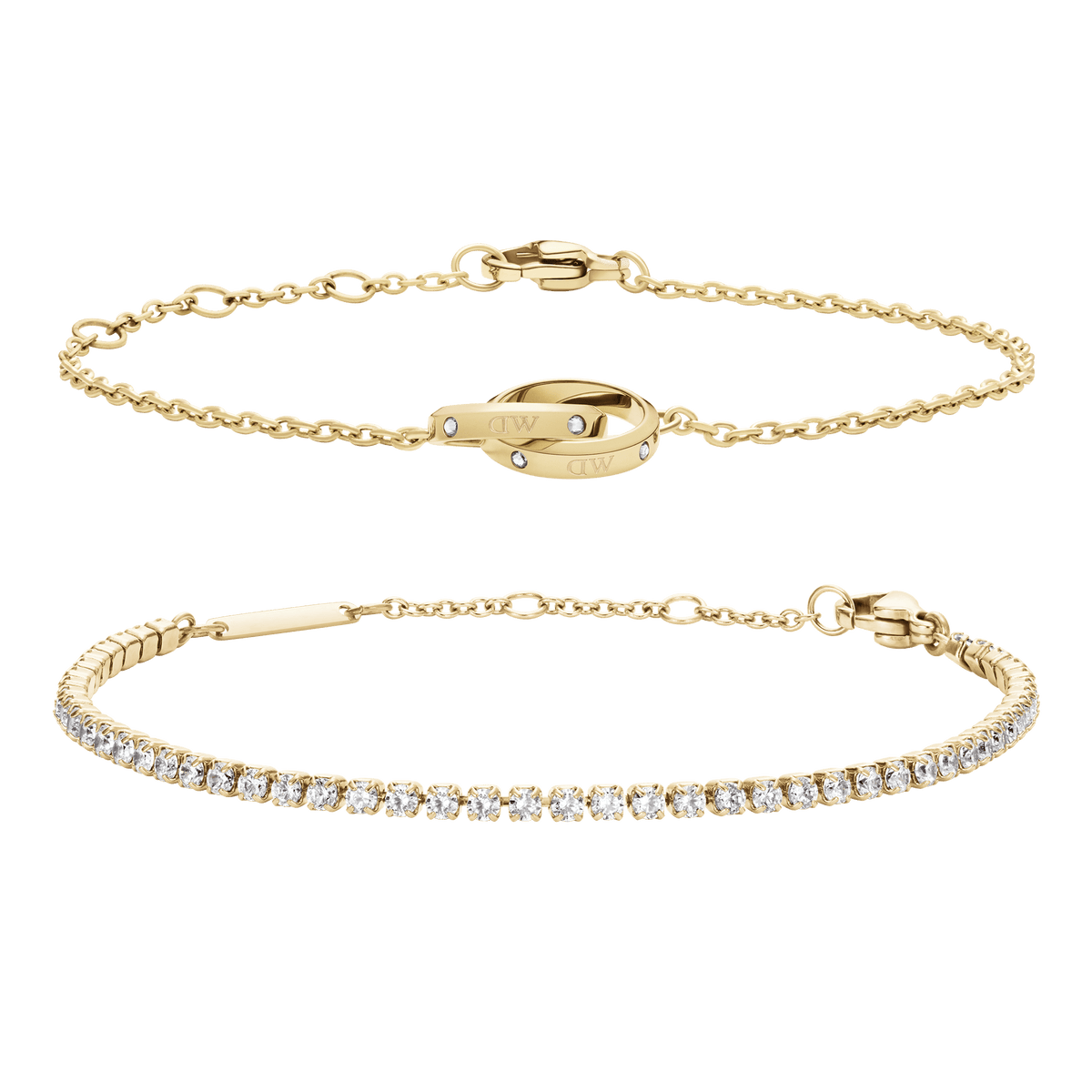 Two elegant gold bracelets are shown: one classic tennis bracelet with a row of sparkling stones, and one refined chain bracelet featuring a distinctive engraved ring detail, both with secure clasps and a polished finish.