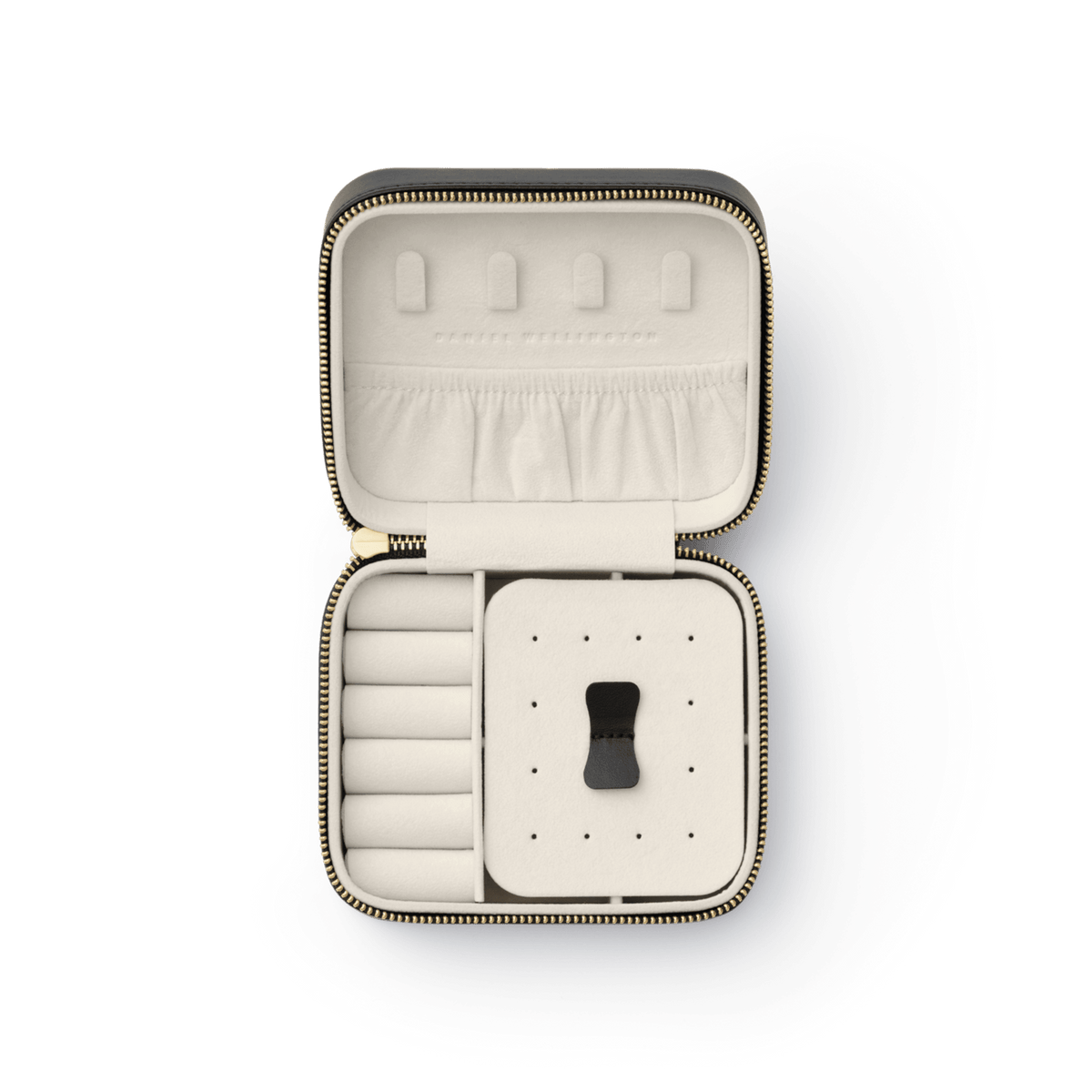 Travel jewellery box with a soft cream interior, ring rolls, earring holder, and secure compartments for organised accessory storage.