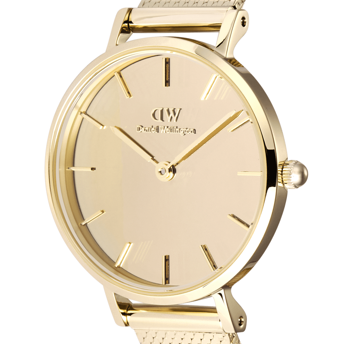 Close-up of Petite Reflection Gold watch featuring a mirror gold dial, minimalist markers, and polished gold case.