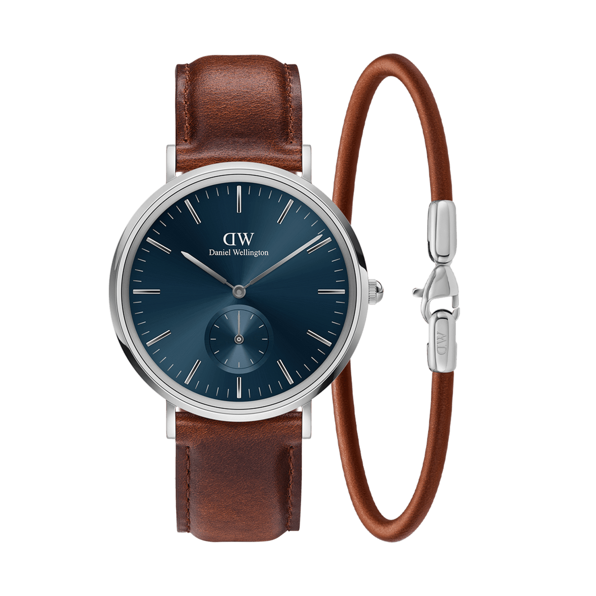 Classic Daniel Wellington watch with a deep blue dial, polished silver case, and brown leather strap, paired with a matching brown leather bracelet featuring a sleek silver clasp.