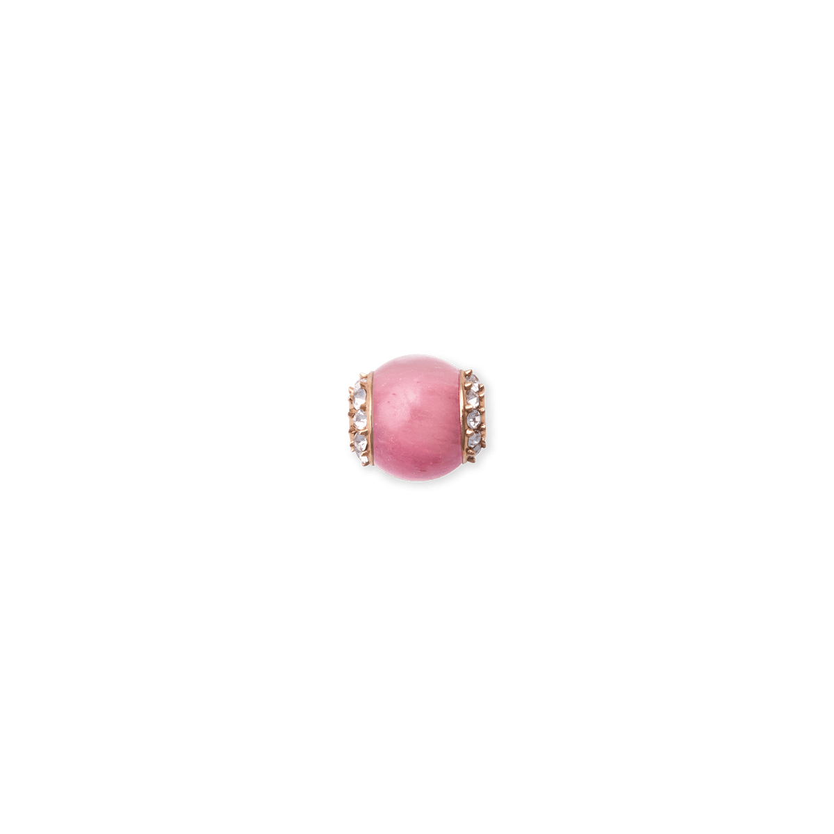 Rhodonite Crystal Orb Rose Gold Charm featuring a smooth pink semi-precious stone, accented with sparkling Preciosa crystals and set in a polished rose gold finish.