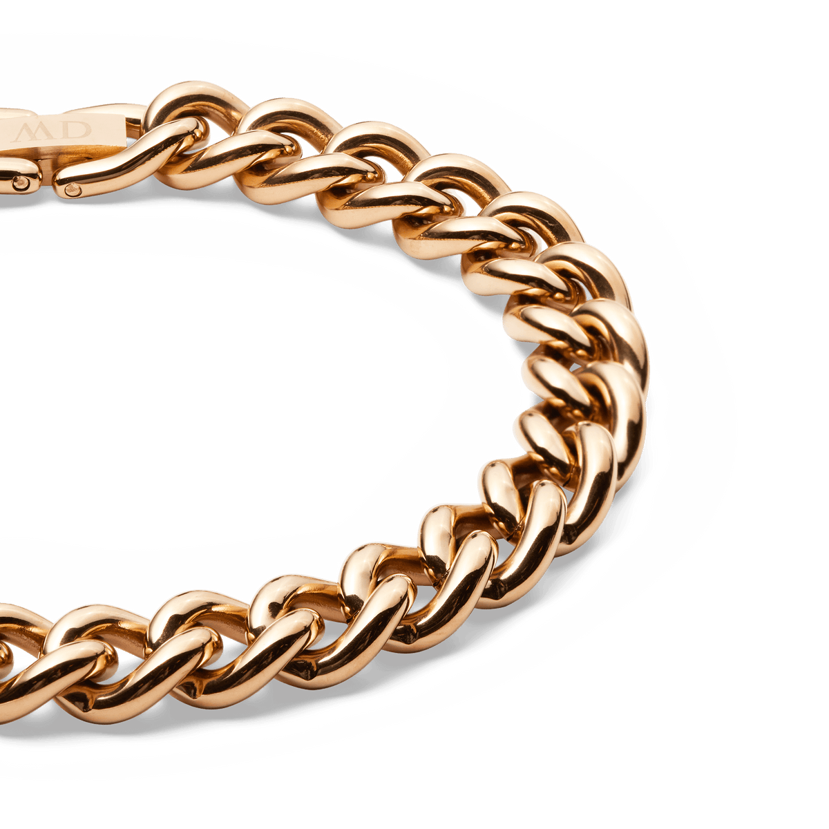 Close-up of the Chunky Chain Bracelet in rose gold, highlighting the polished, rounded stainless steel links and secure fold-over clasp.