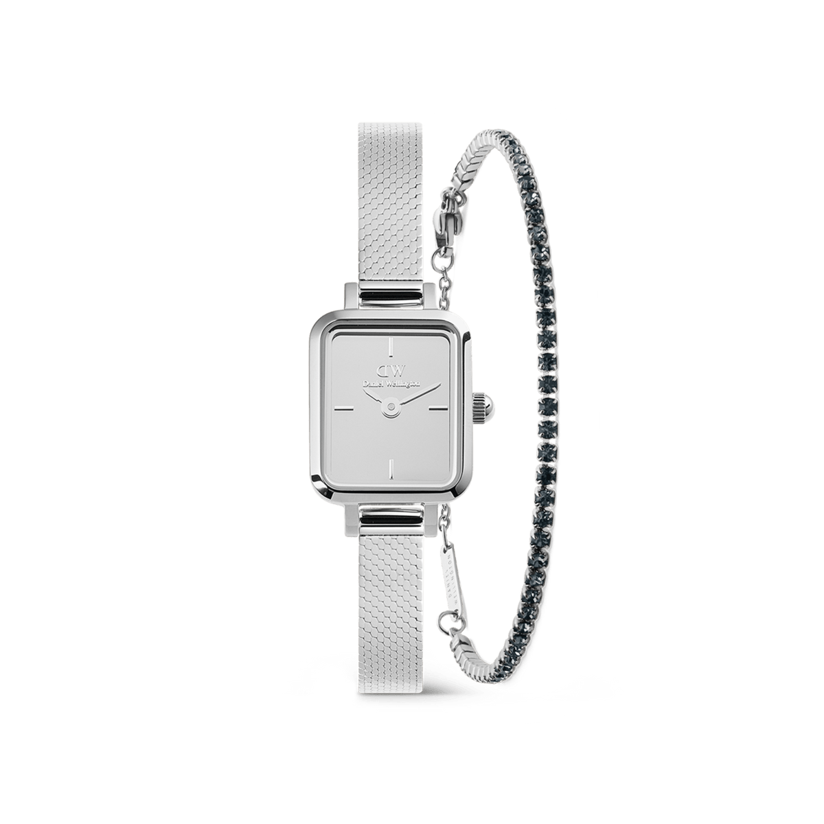 Rectangular silver mesh watch with a minimalist dial paired with a classic tennis bracelet featuring sparkling stones, presented as an elegant and coordinated jewellery set.