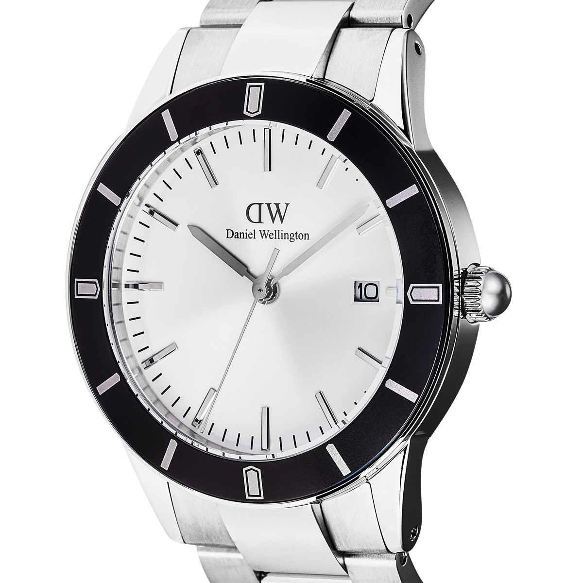 Close-up of the Iconic Paradigma Link Black Bezel men’s watch, highlighting the satin matte black aluminium bezel, minimalist silver dial, and polished stainless steel bracelet.