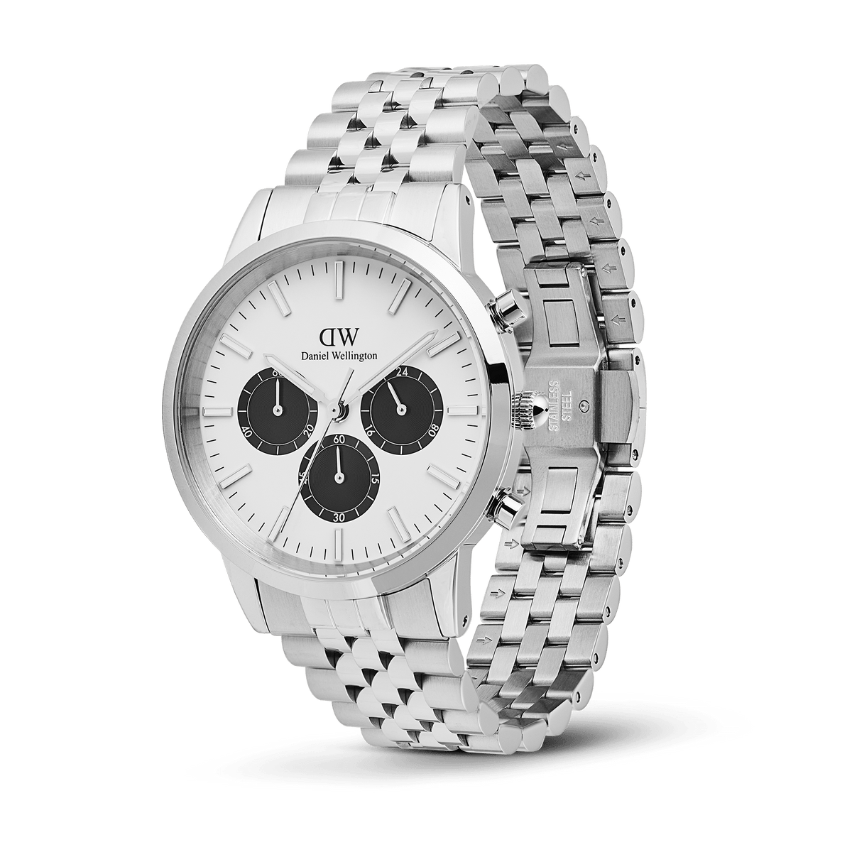Daniel Wellington Iconic Chronograph Arch 5-Link Off-White Panda Silver watch with a polished stainless steel Jubilee bracelet, featuring a white dial, black sub-dials, and a butterfly clasp.