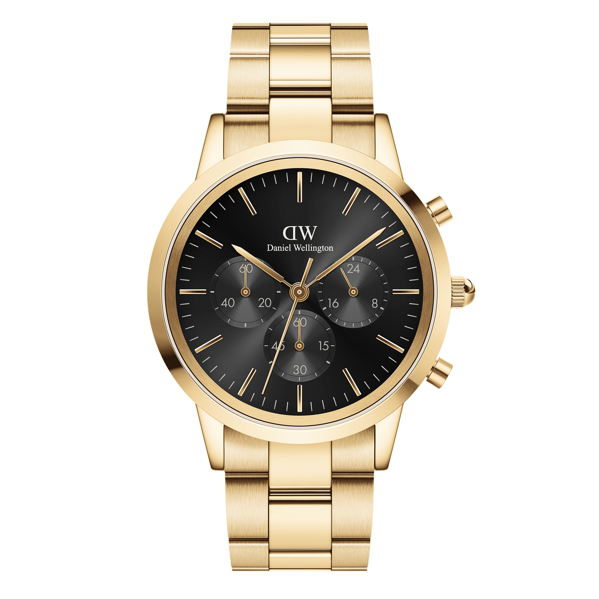 Gold chronograph watch with a black sunray dial, three sub-dials, minimalist indices, and a polished gold link bracelet, featuring the Daniel Wellington logo on the face.