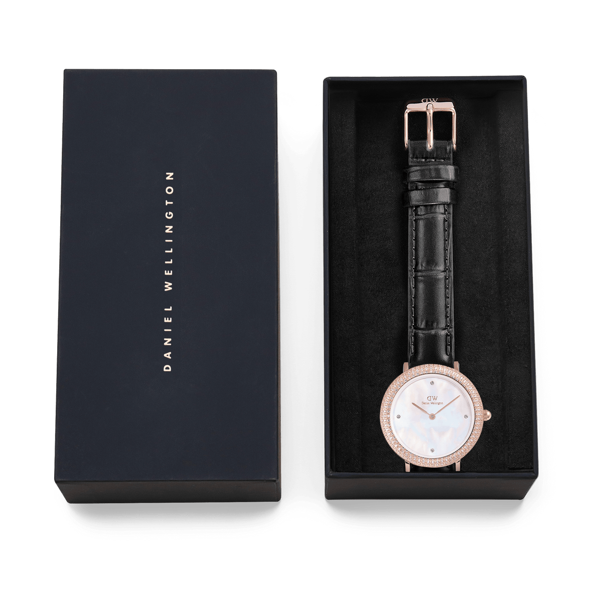 Crystalline Bezel Black Croc Rose Gold watch presented in an elegant Daniel Wellington gift box, featuring a mother of pearl dial, sparkling rose gold bezel, and black crocodile-embossed leather strap.