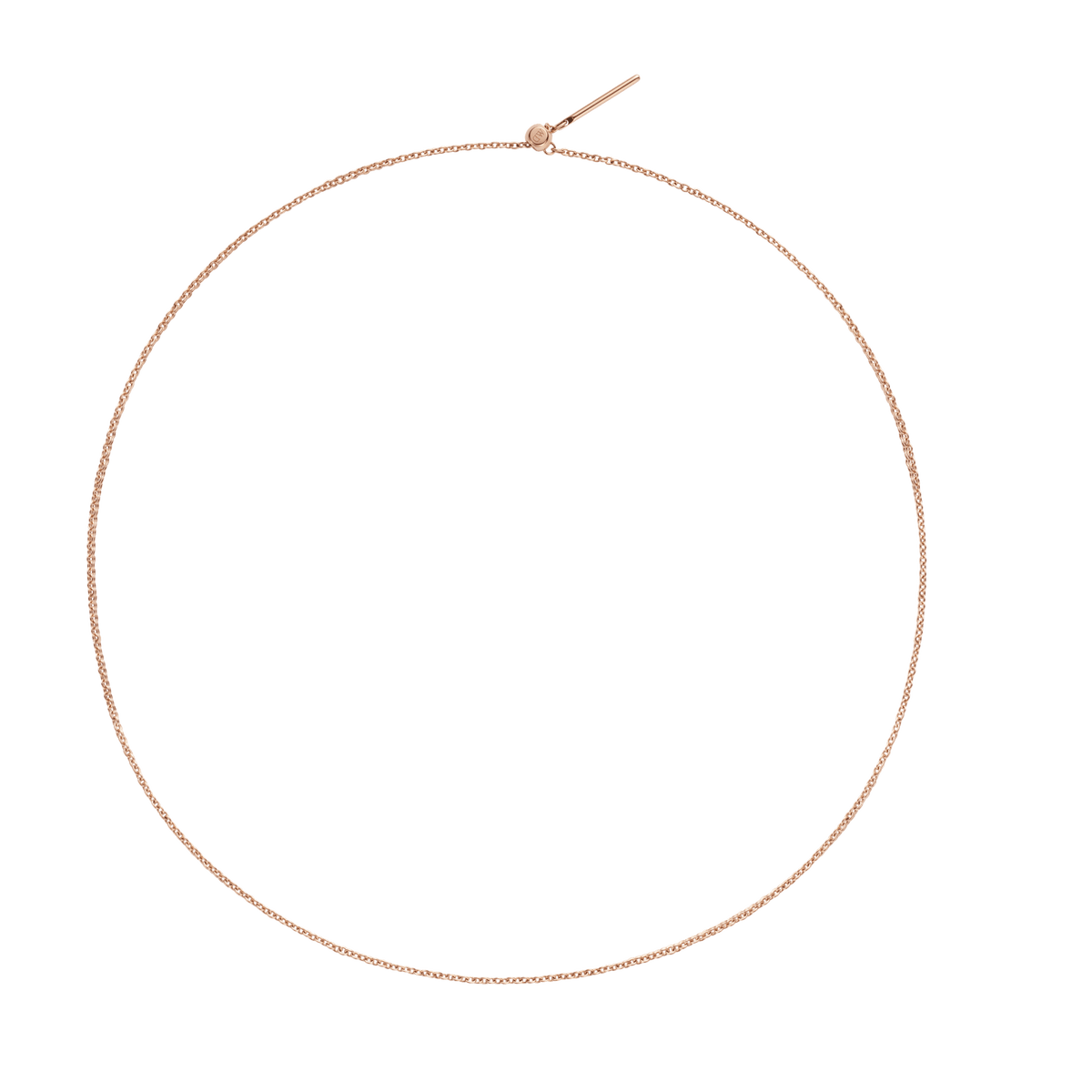 Charms Chain Necklace RG shown in a circular arrangement, featuring a slim rose gold oval chain and an adjustable sliding clasp for a custom fit.