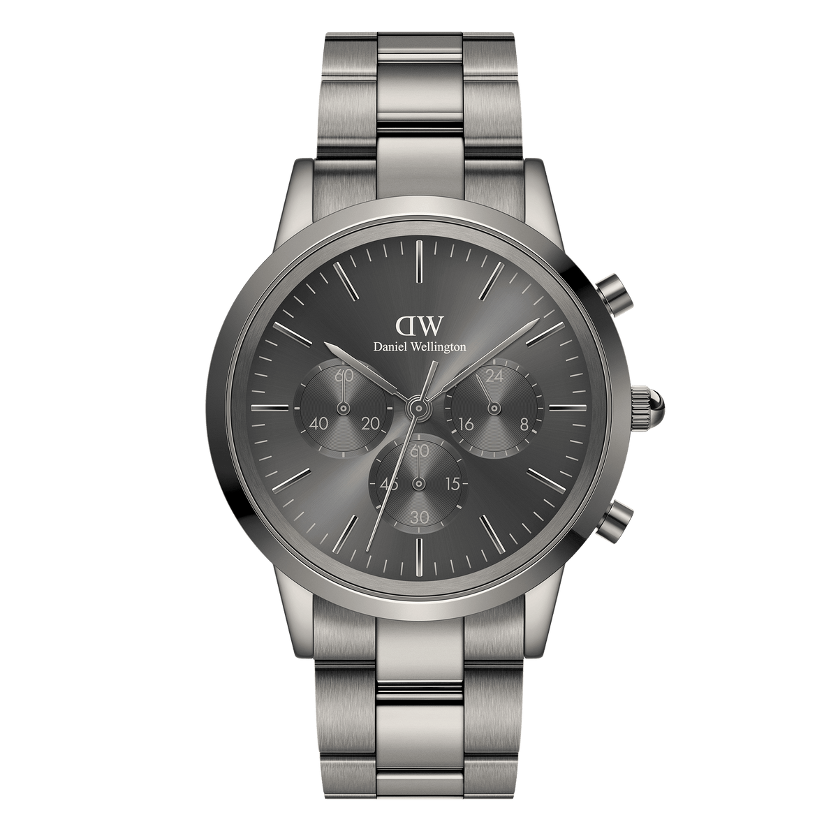 Daniel Wellington Iconic Chronograph Link Graphite watch featuring a monochrome graphite sunray dial, three sub-dials, minimalist markers, and a brushed stainless steel link bracelet.