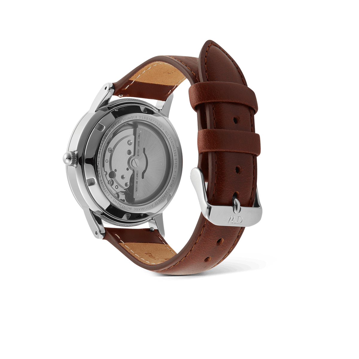 Rear view of the Iconic St Mawes Automatic Silver watch showing the exhibition case back with visible Japanese automatic movement and a brown Italian leather strap.