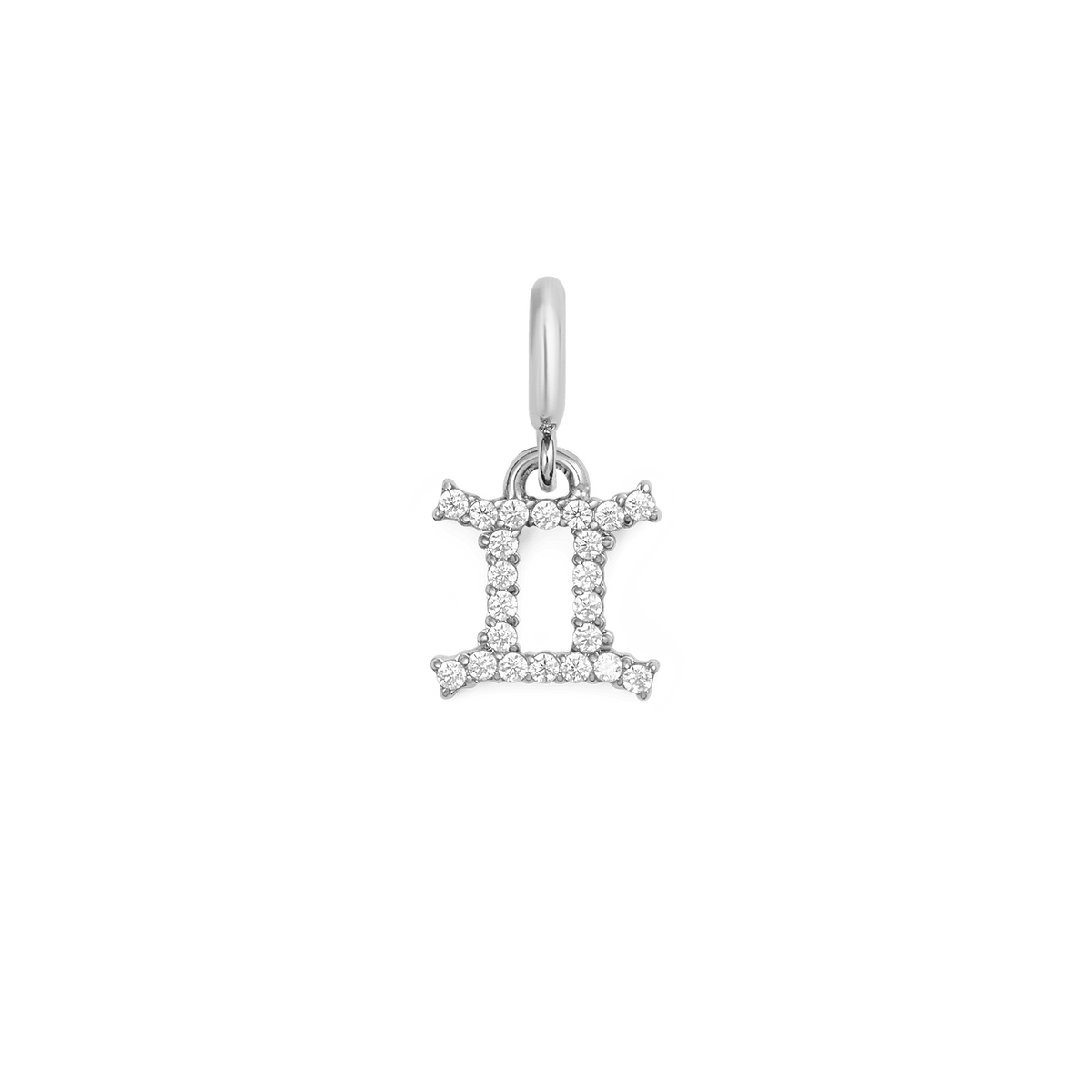Gemini zodiac watch charm in polished silver-tone stainless steel, featuring a claw-set design with sparkling cubic zirconia crystals for a refined and elegant accent.