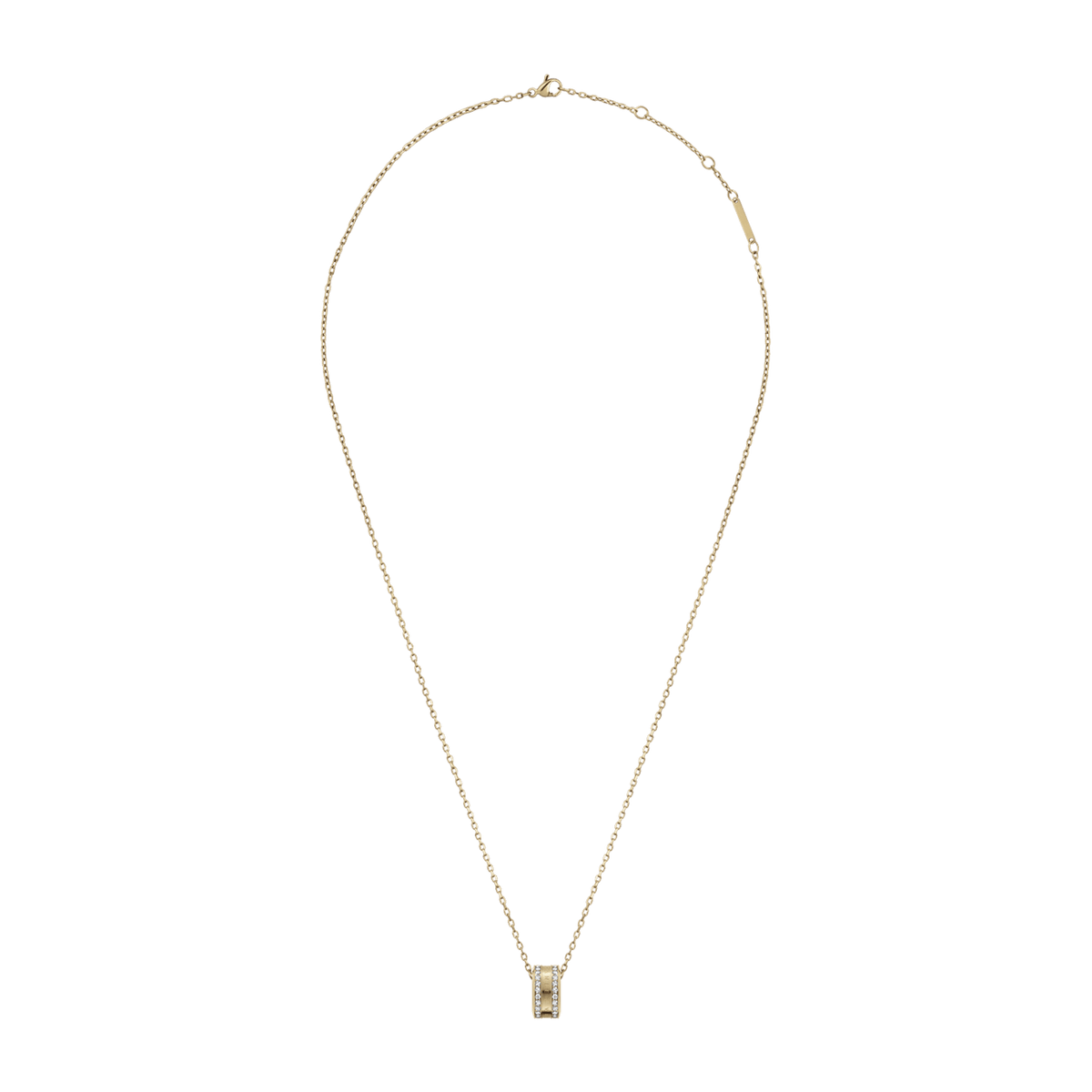 Elan Lumine Necklace Gold featuring a slim gold cable chain and a ring-shaped pendant adorned with crystals on both sides, offering a minimalist and elegant style.