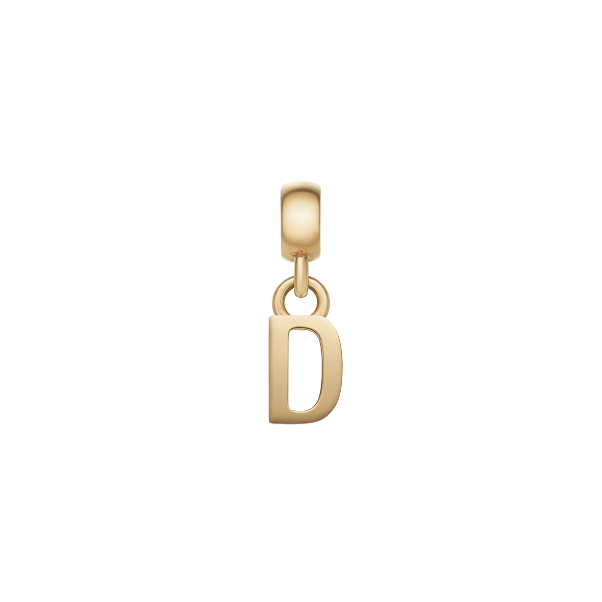 Gold letter D charm with a sleek, minimalist design and polished finish, featuring an adjustable clasp for easy customisation on bracelets or necklaces.
