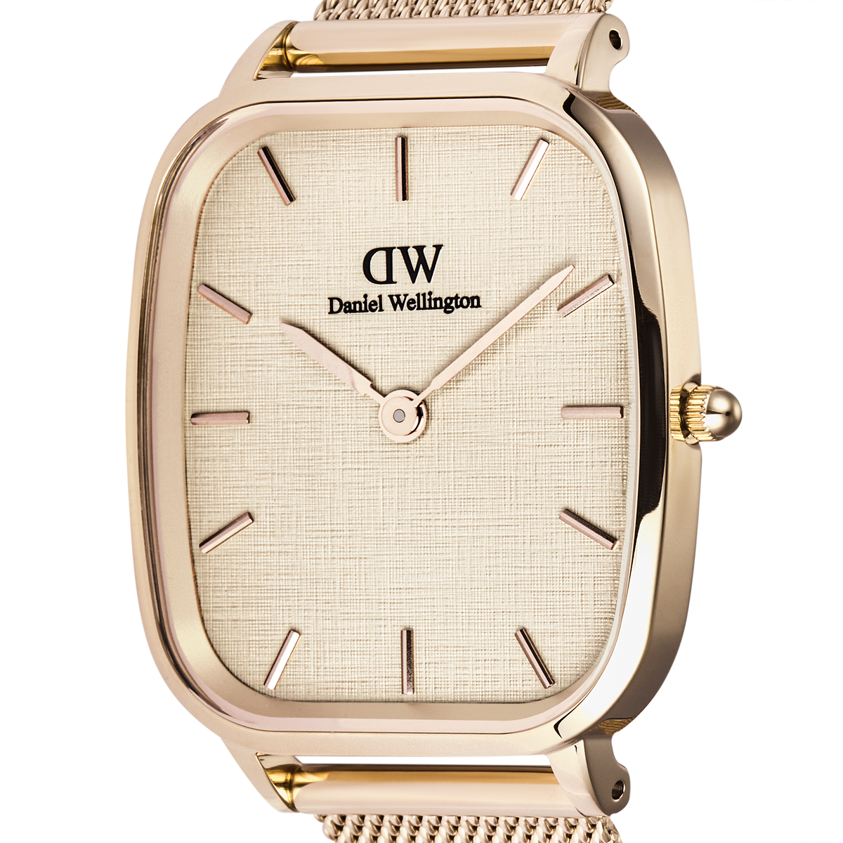 Close-up of the Daniel Wellington Marlon Melrose Linen watch, highlighting the linen-textured dial, minimalist rose gold hour markers, and polished cushion-shaped rose gold case.