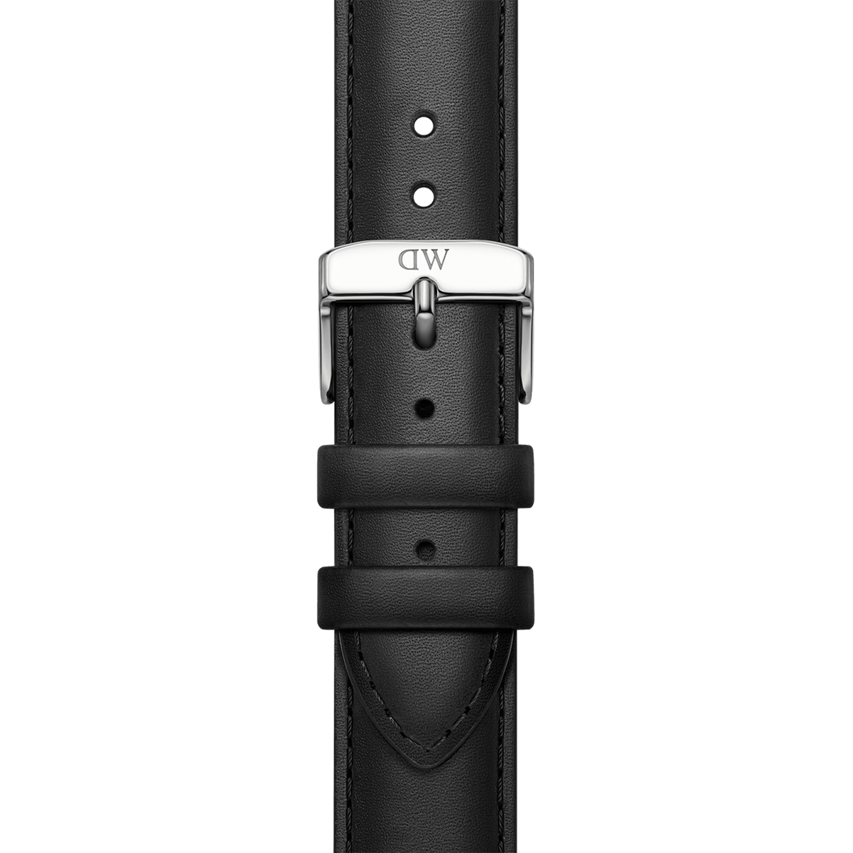 Black genuine leather smartwatch strap with a polished silver buckle engraved with the DW logo, shown in a close-up front view.