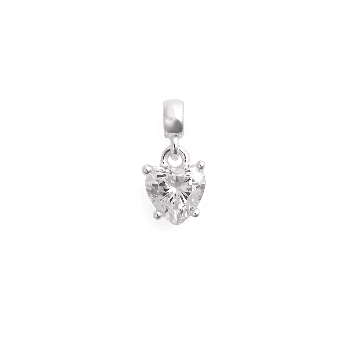 Heart-shaped white crystal charm set in polished 925 sterling silver with a claw setting, featuring a sleek, minimalist design ideal for bracelets or necklaces.