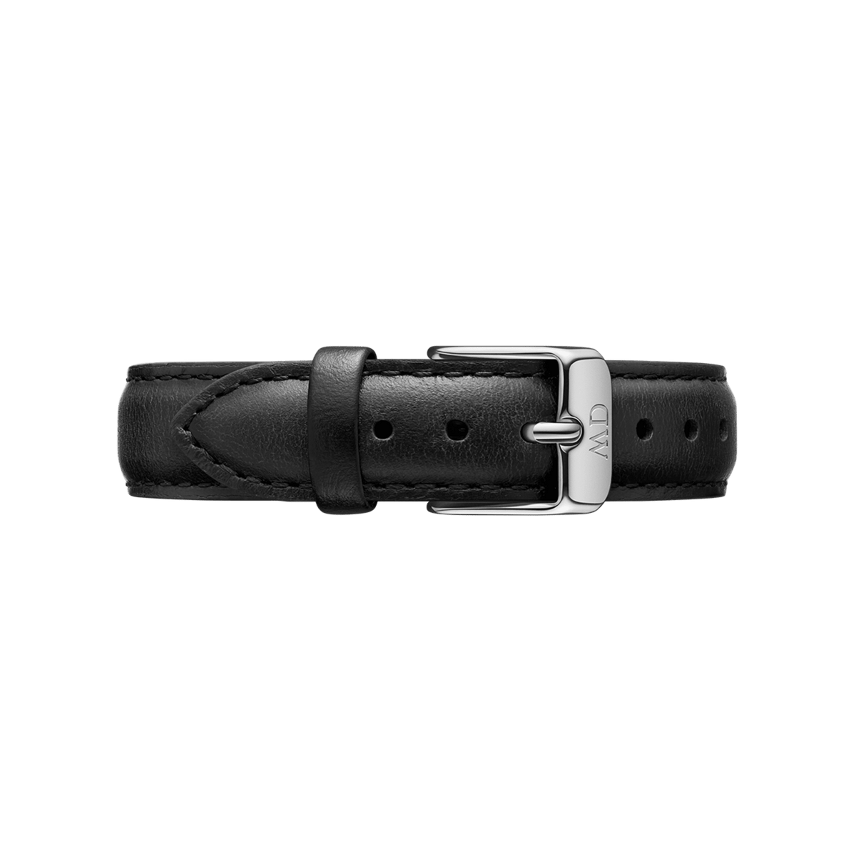 Genuine black leather Sheffield Strap Silver with detailed stitching and a polished silver buckle, designed for Daniel Wellington watches and suitable for both men’s and women’s styles.