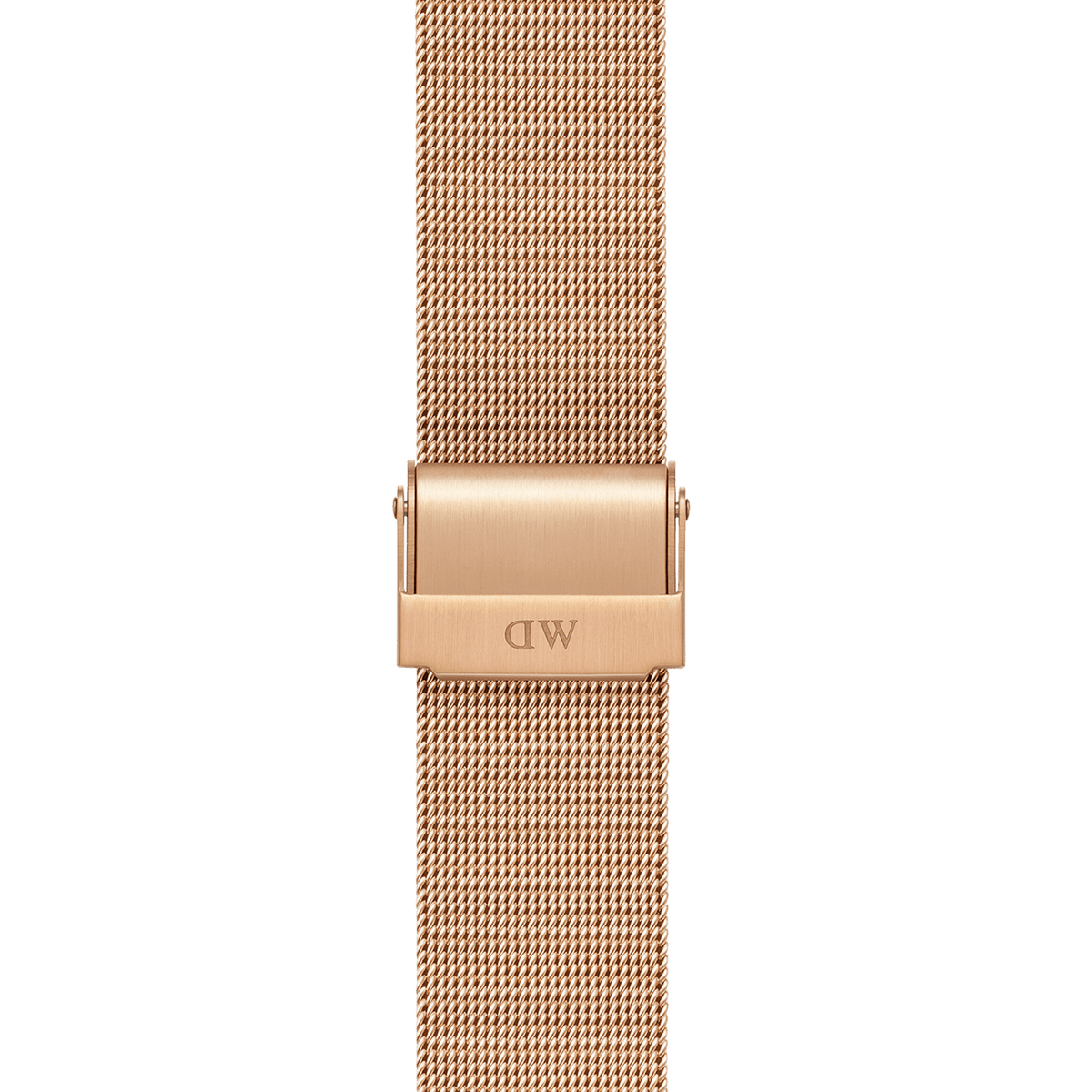 Close-up of the rose gold mesh smartwatch strap with an engraved DW clasp, highlighting the fine stainless steel weave and secure fastening.