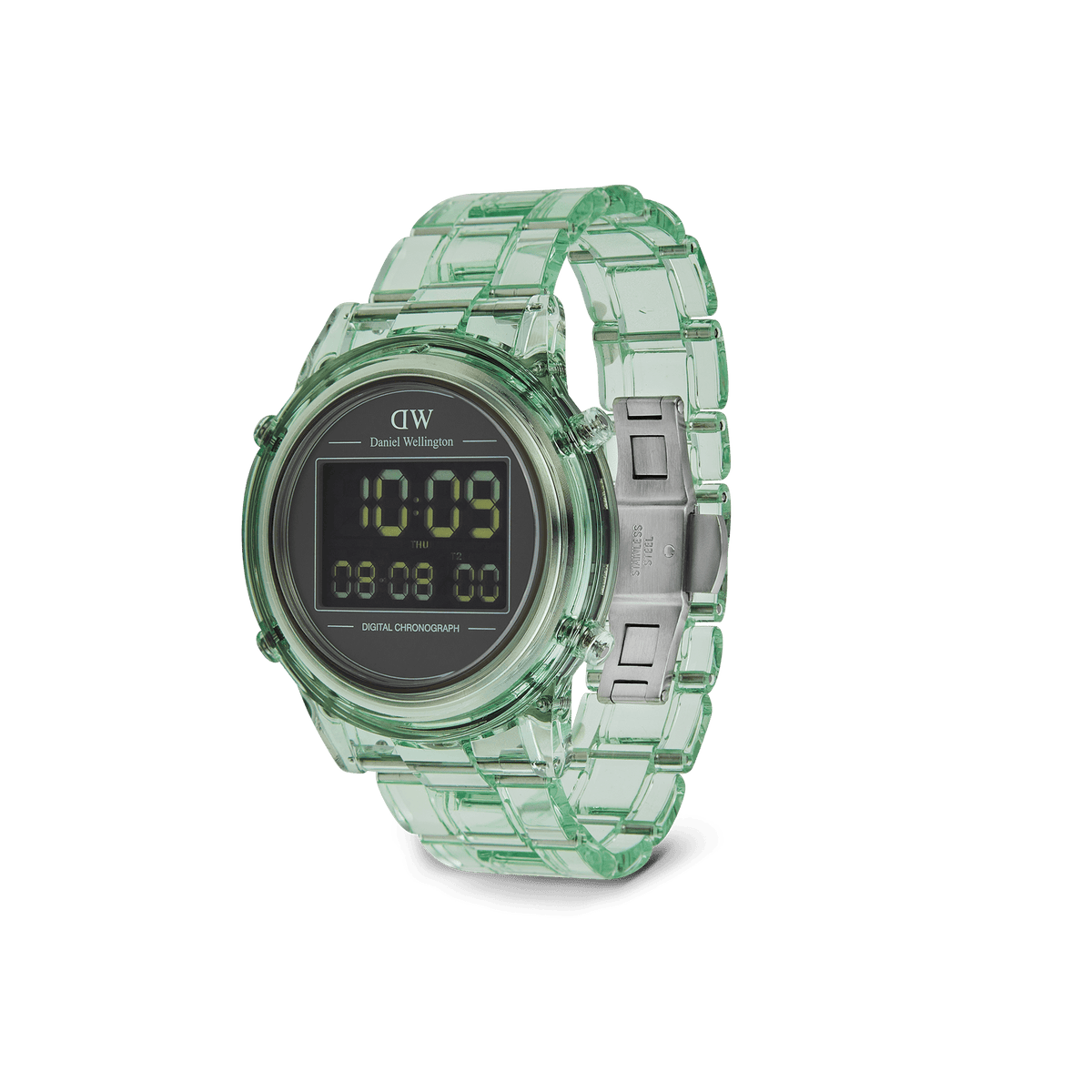 Daniel Wellington Retro Digital Light Green watch with a transparent light green bio-based strap, black digital dial, and stainless steel butterfly clasp.