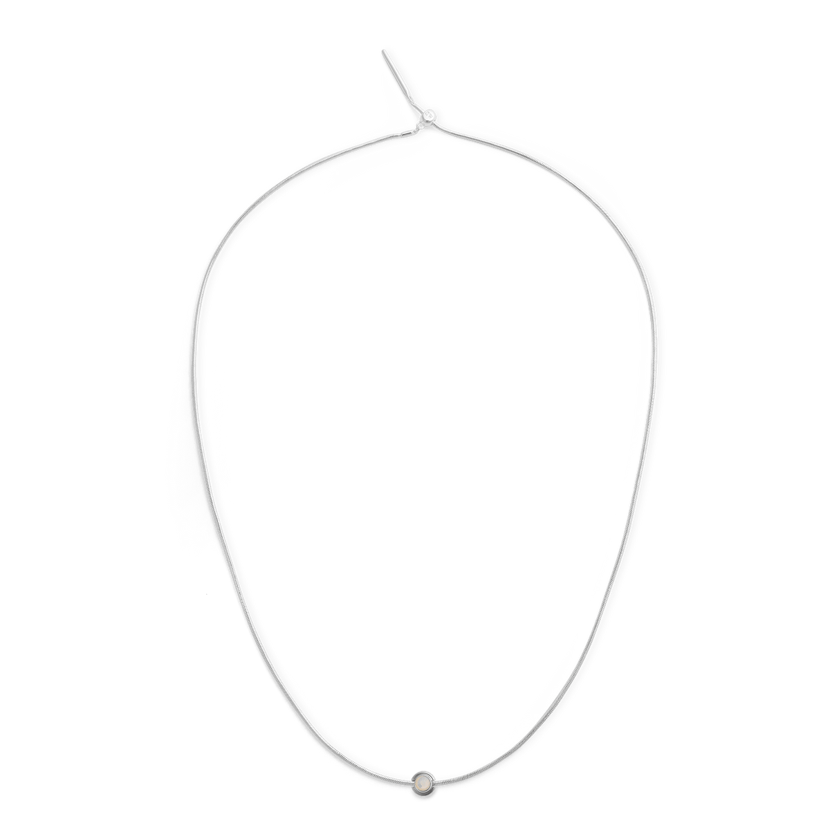 June Charm S925 Sterling Silver necklace featuring a minimalist chain with a central iridescent pearl-effect crystal charm.