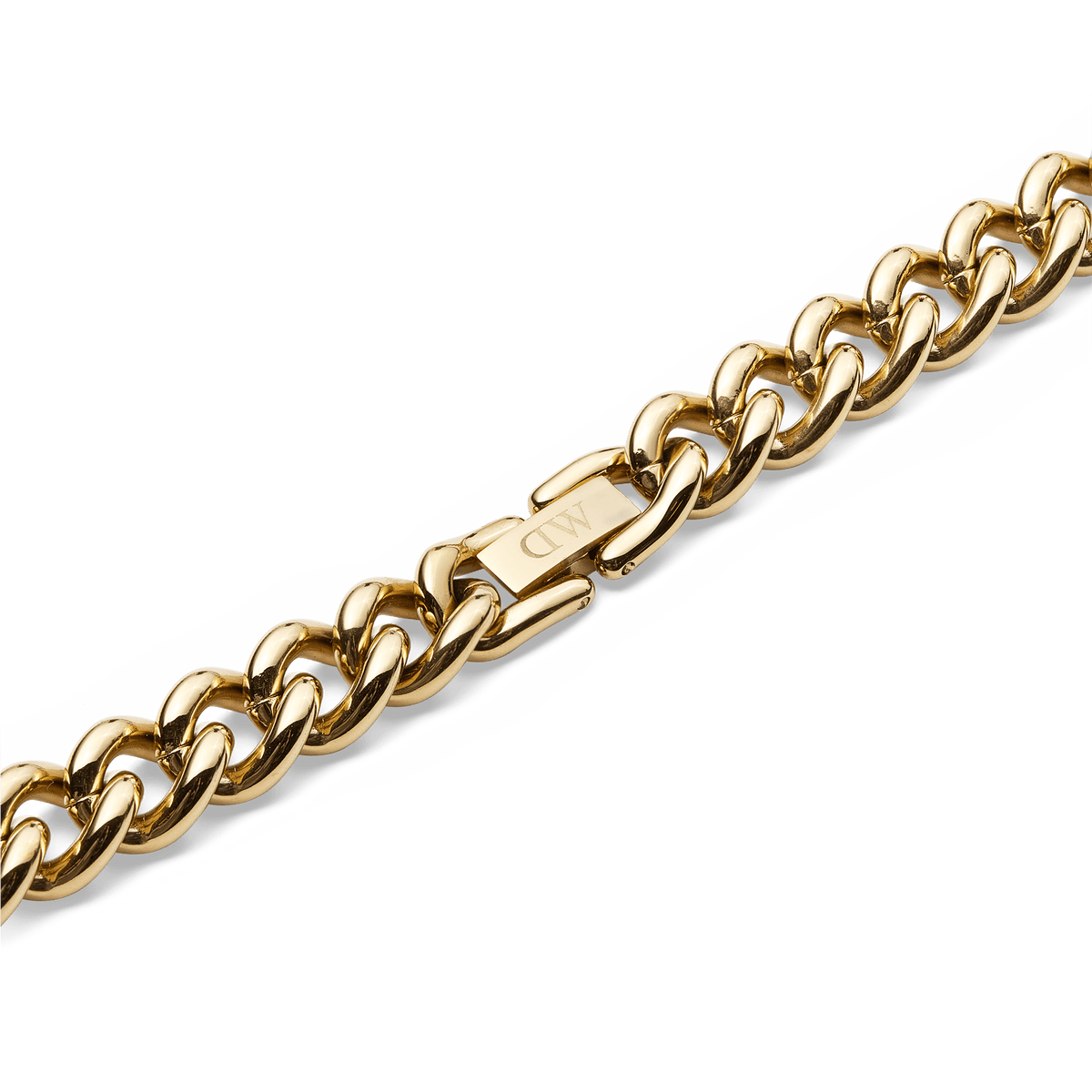 Detail of the Chunky Chain Necklace Gold showing the polished gold links and engraved fold-over clasp.