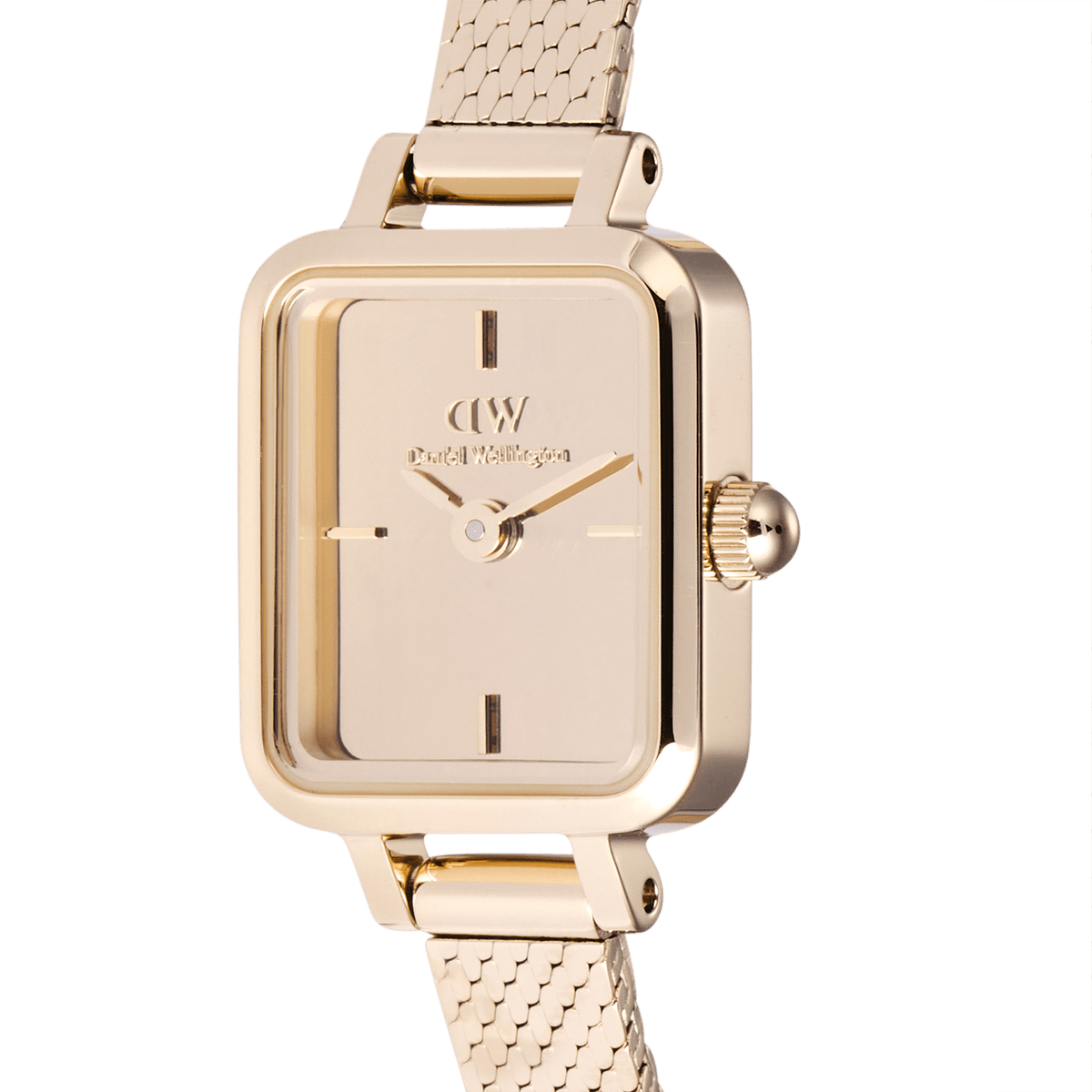 Close-up of the Quadro Mini Reflection Rose Gold watch, showing its rectangular mirror glass dial, minimalist hour markers, and polished rose gold mesh strap.