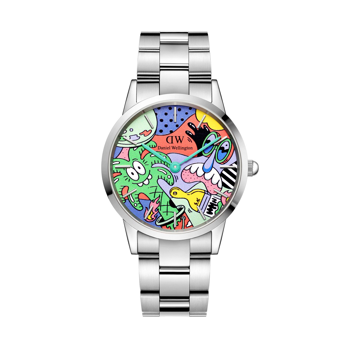 Limited edition Daniel Wellington watch with a polished silver link strap and a vibrant multicolour dial featuring playful Steven Harrington artwork.