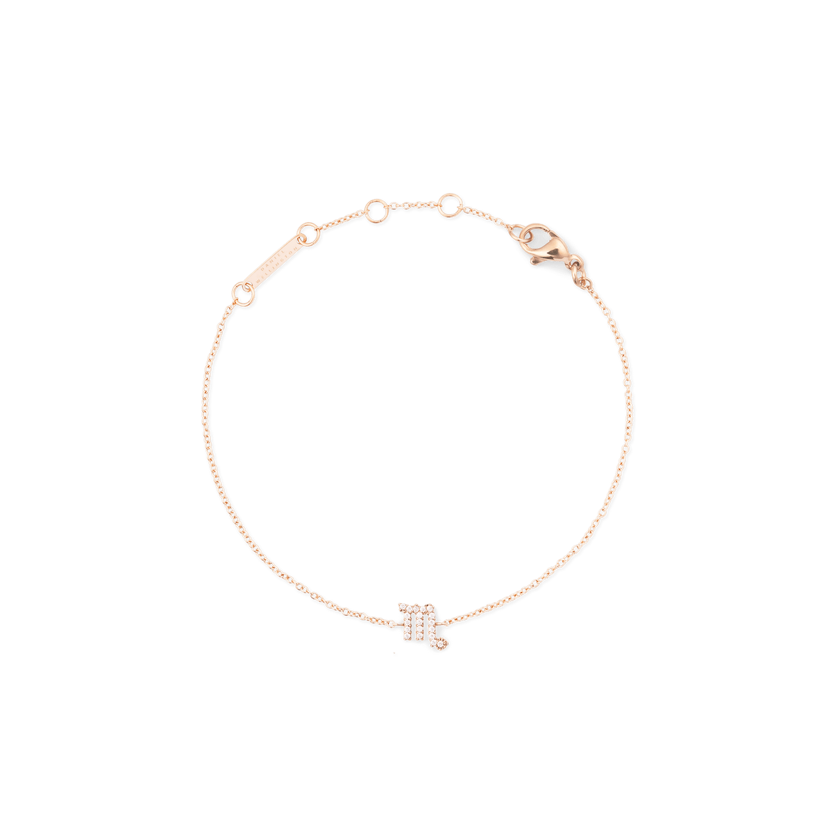 Rose gold chain bracelet with an adjustable fit, featuring a crystal-set Scorpio zodiac pendant and a secure lobster clasp.