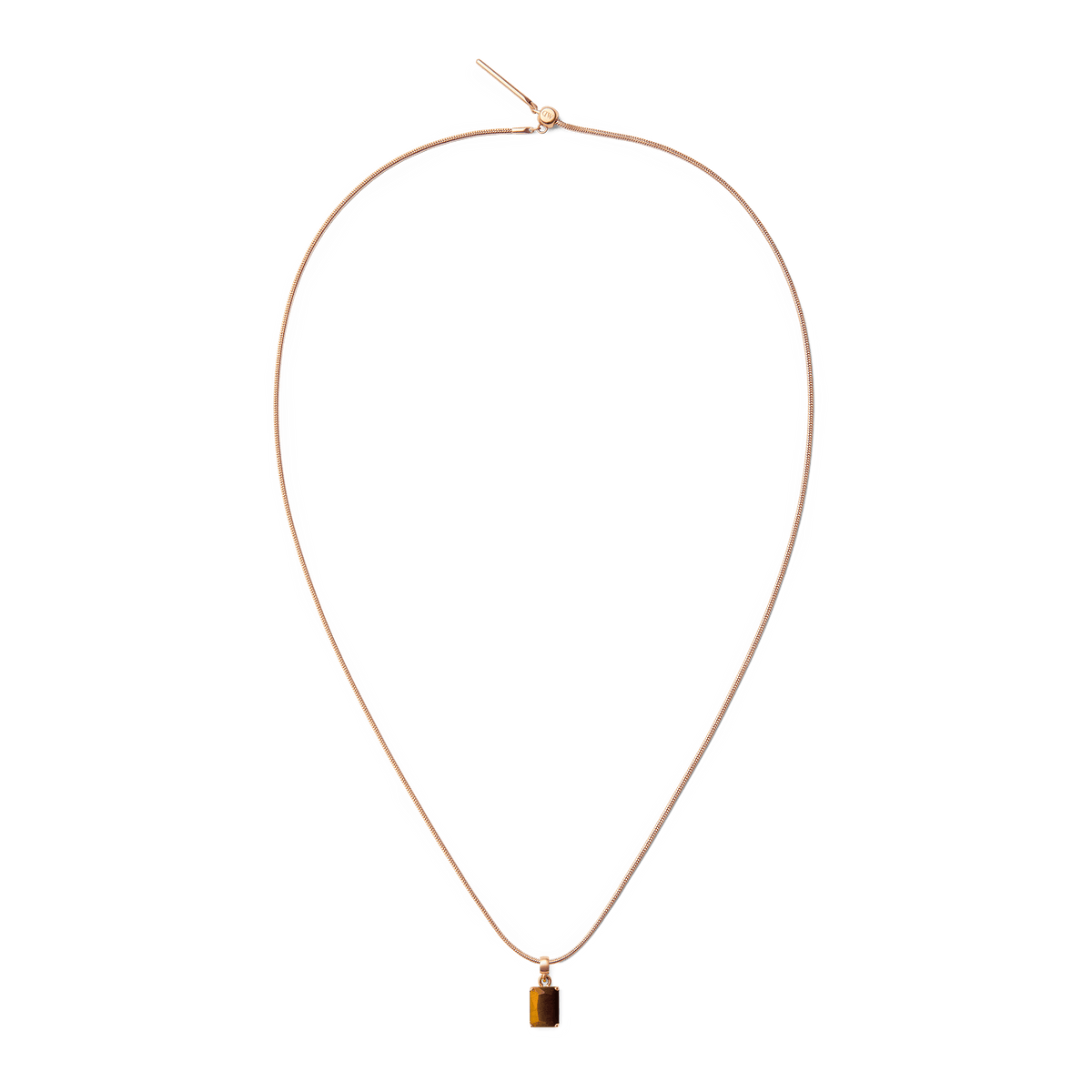 Rose gold necklace featuring an octagonal tiger eye charm with warm golden-brown tones, offering a modern and elegant accessory for everyday wear.