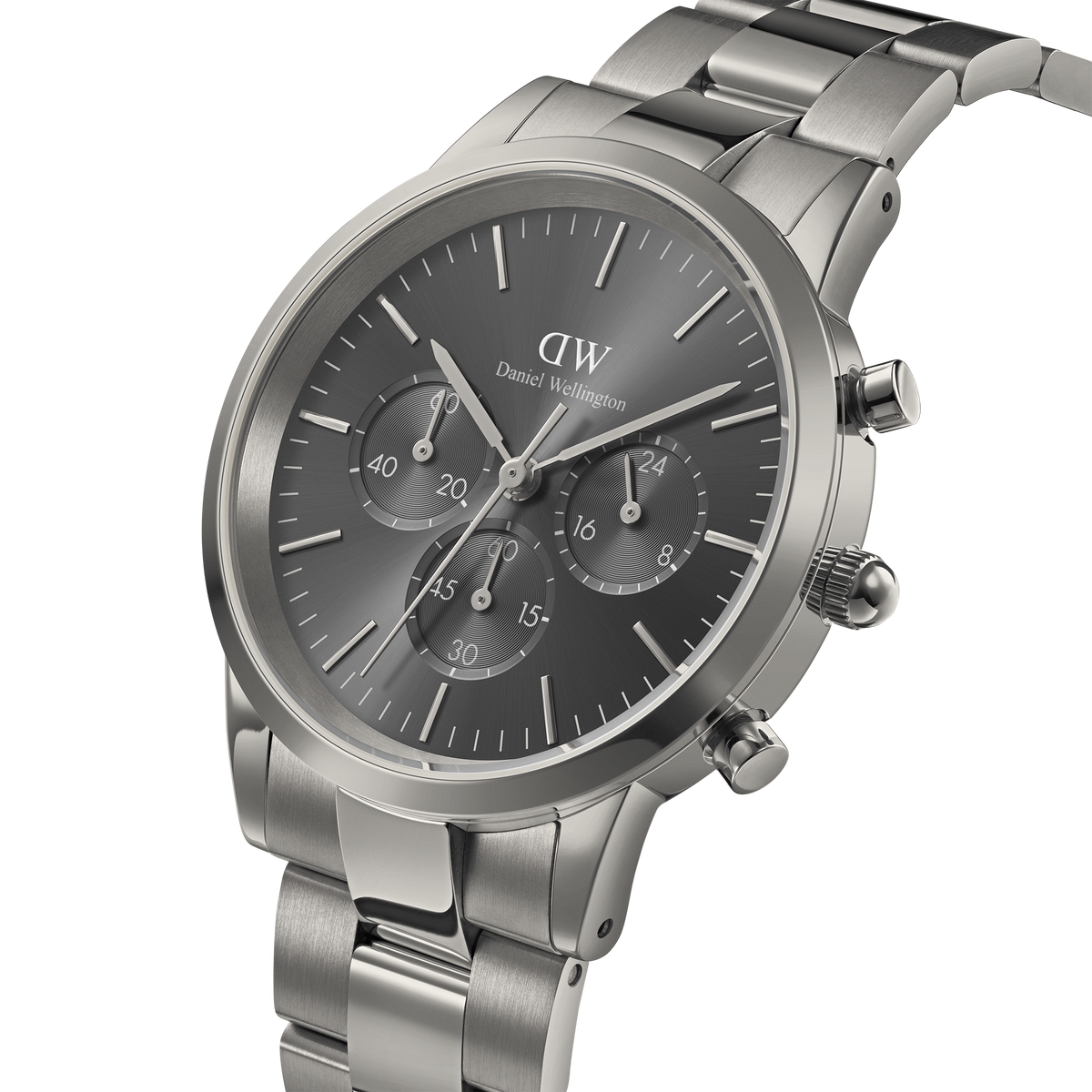 Daniel Wellington Iconic Chronograph Link Graphite watch with a brushed stainless steel bracelet, monochrome graphite sunray dial, and three sub-dials for chronograph functionality.