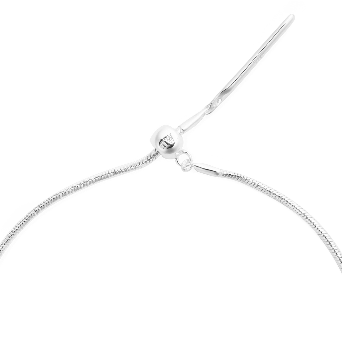 Close-up of the Charms Snake Necklace S925 Sterling Silver showing the smooth snake chain and adjustable sliding clasp for secure, personalised wear.