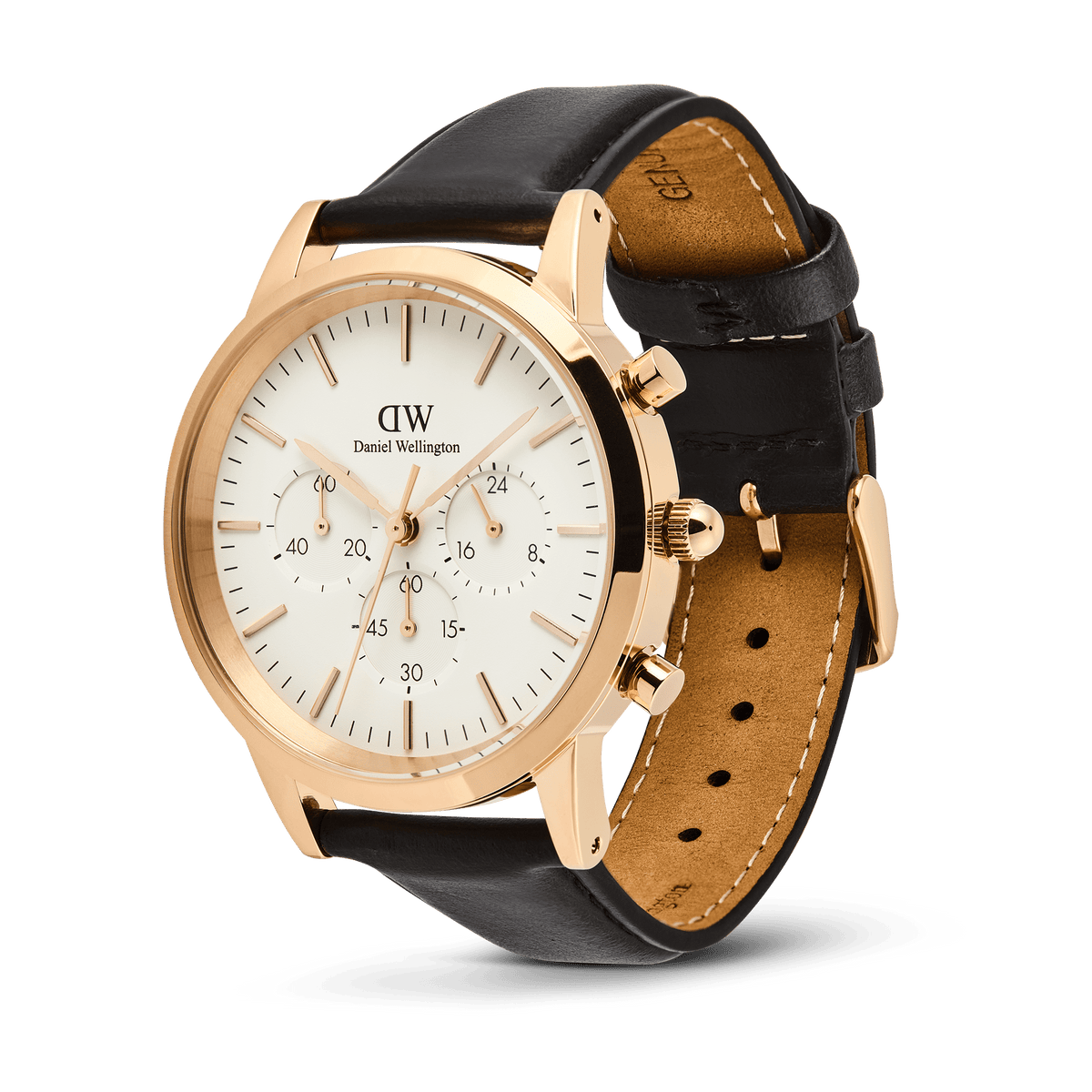 Daniel Wellington Iconic Chronograph Sheffield RG featuring a white dial with rose gold case, three sub-dials, and a black genuine leather strap with polished detailing.