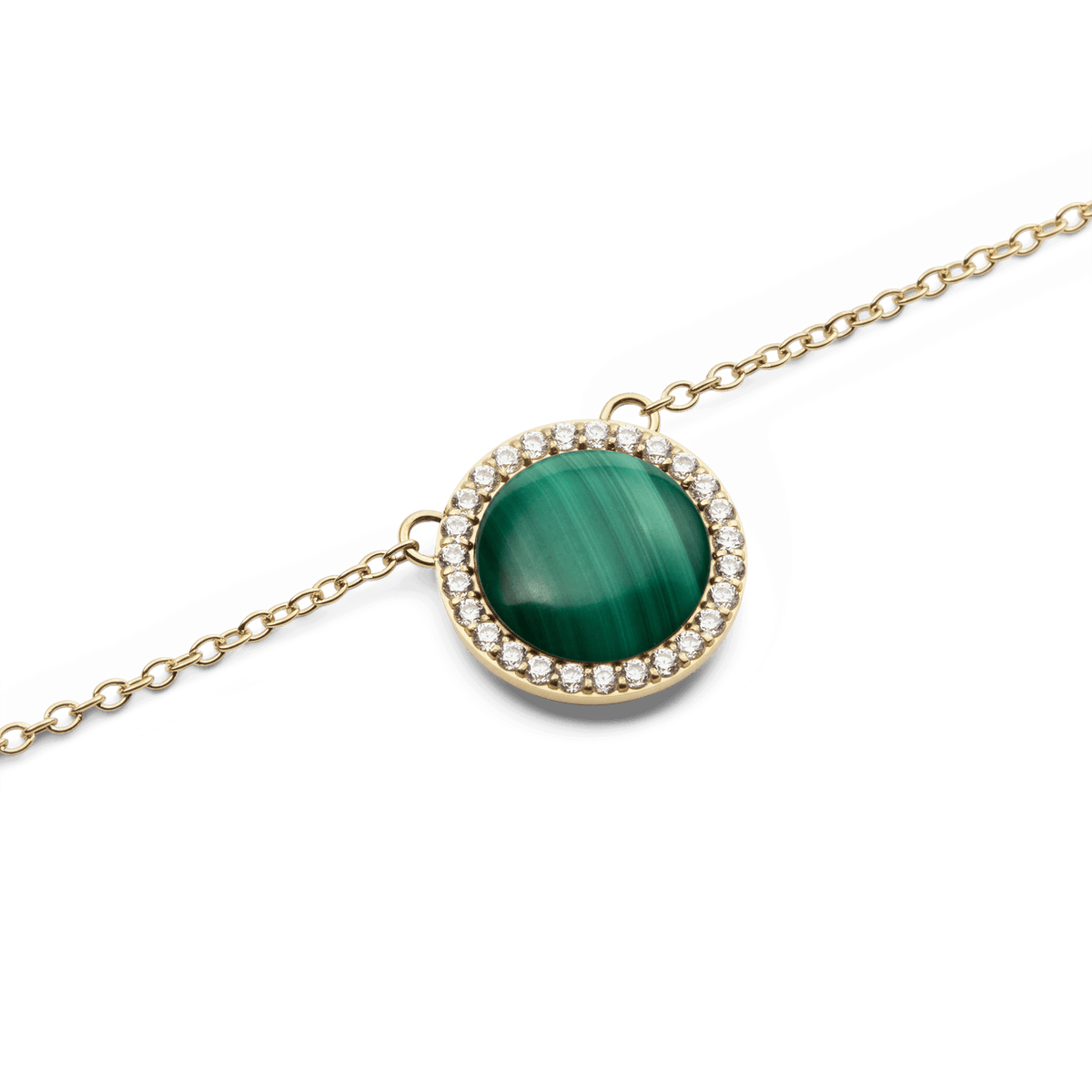 Close-up of the Audrey Necklace Malachite Gold, showcasing a domed green malachite pendant with natural banding, surrounded by a circle of sparkling white cubic zirconia crystals on a fine gold chain.