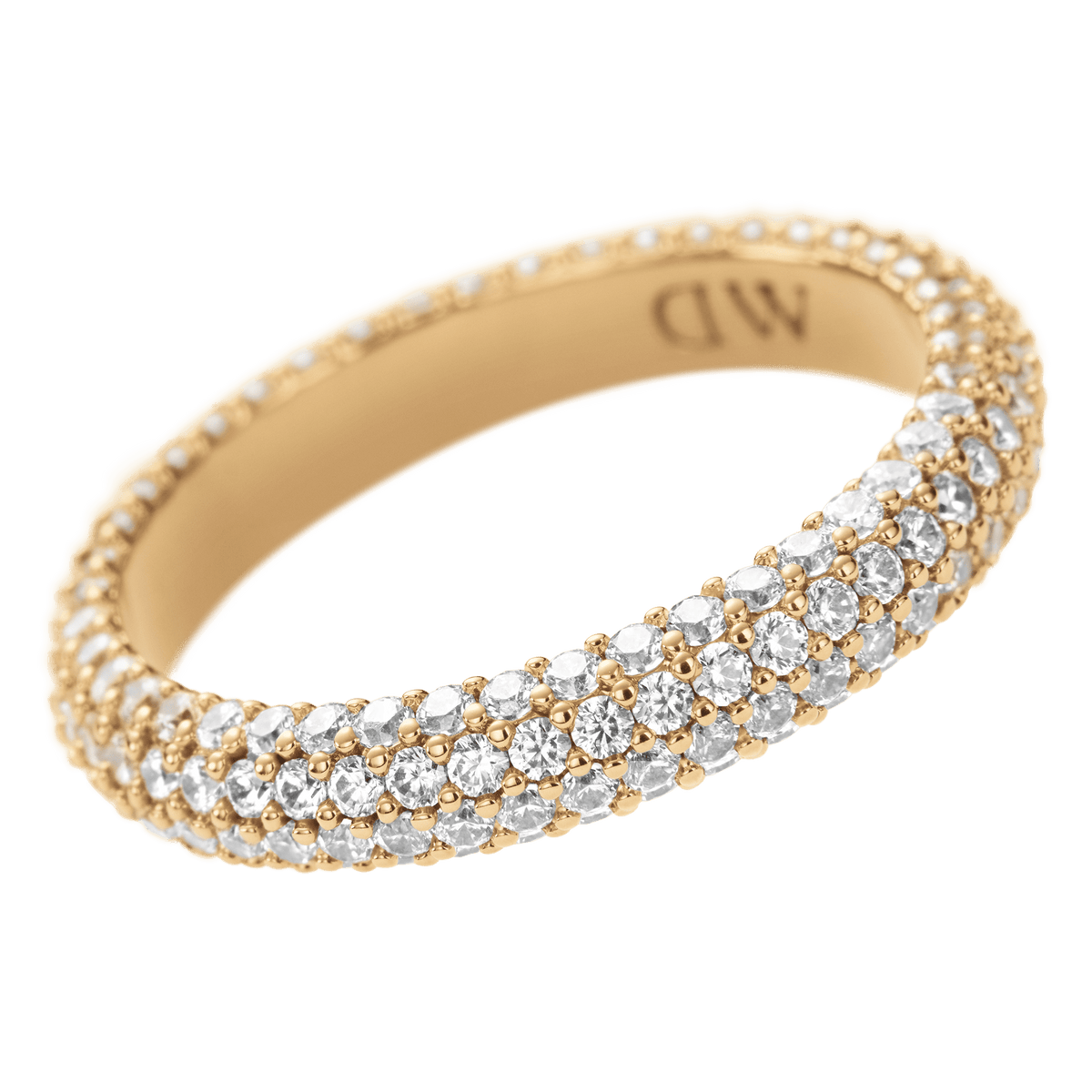 Gold pavé crystal ring with three rows of claw-set cubic zirconia, featuring a DW engraved inner band for elegant style.