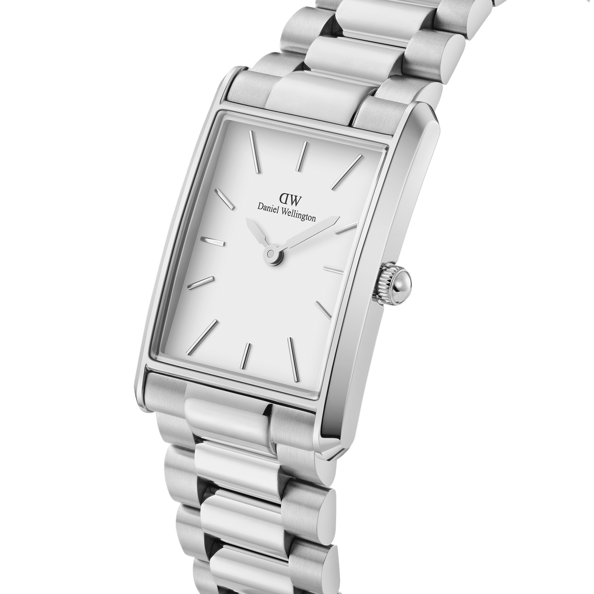 Bound 3-Link Silver watch with rectangular stainless steel case, minimalist white dial and polished 3-link bracelet.