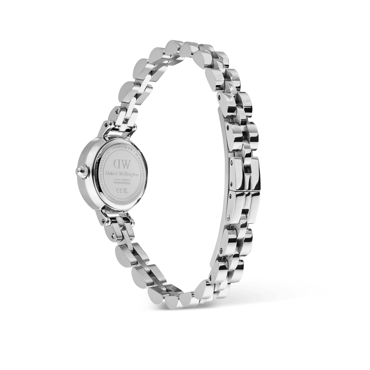 Rear view of the Daniel Wellington Petite Mini Arch 3-link White Silver watch, highlighting the engraved case back and polished stainless steel arched 3-link bracelet with butterfly clasp.