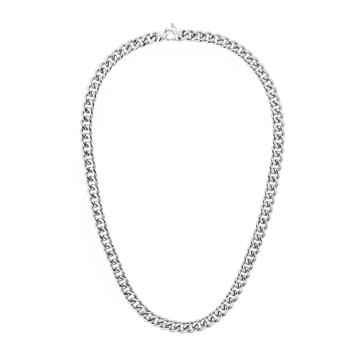 Chunky silver Cuban chain necklace with polished, high-shine links and a matching lobster clasp, crafted from stainless steel for a modern, refined look.