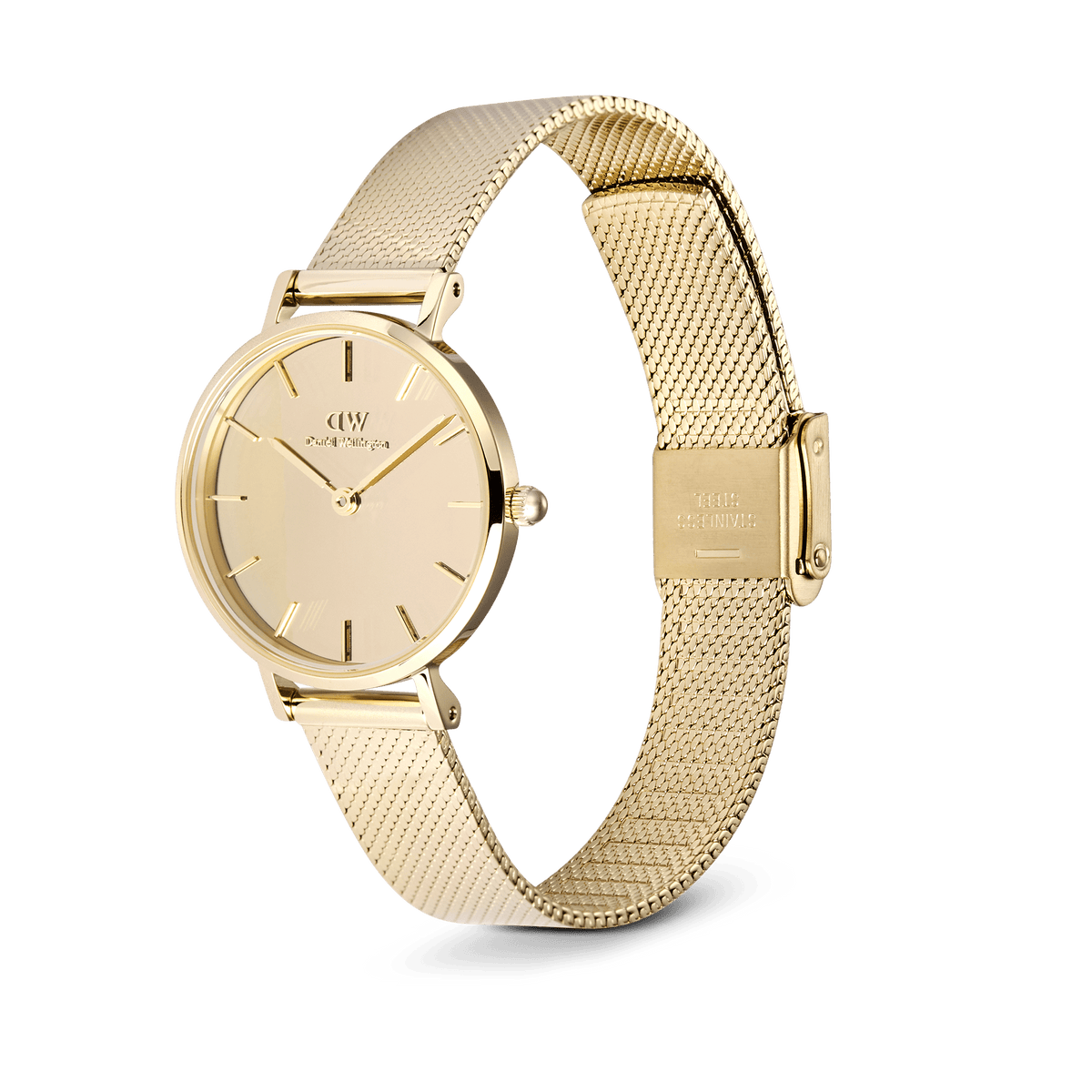 Petite Reflection Gold women’s watch with mirror gold dial and adjustable mesh strap, minimalist Daniel Wellington design.