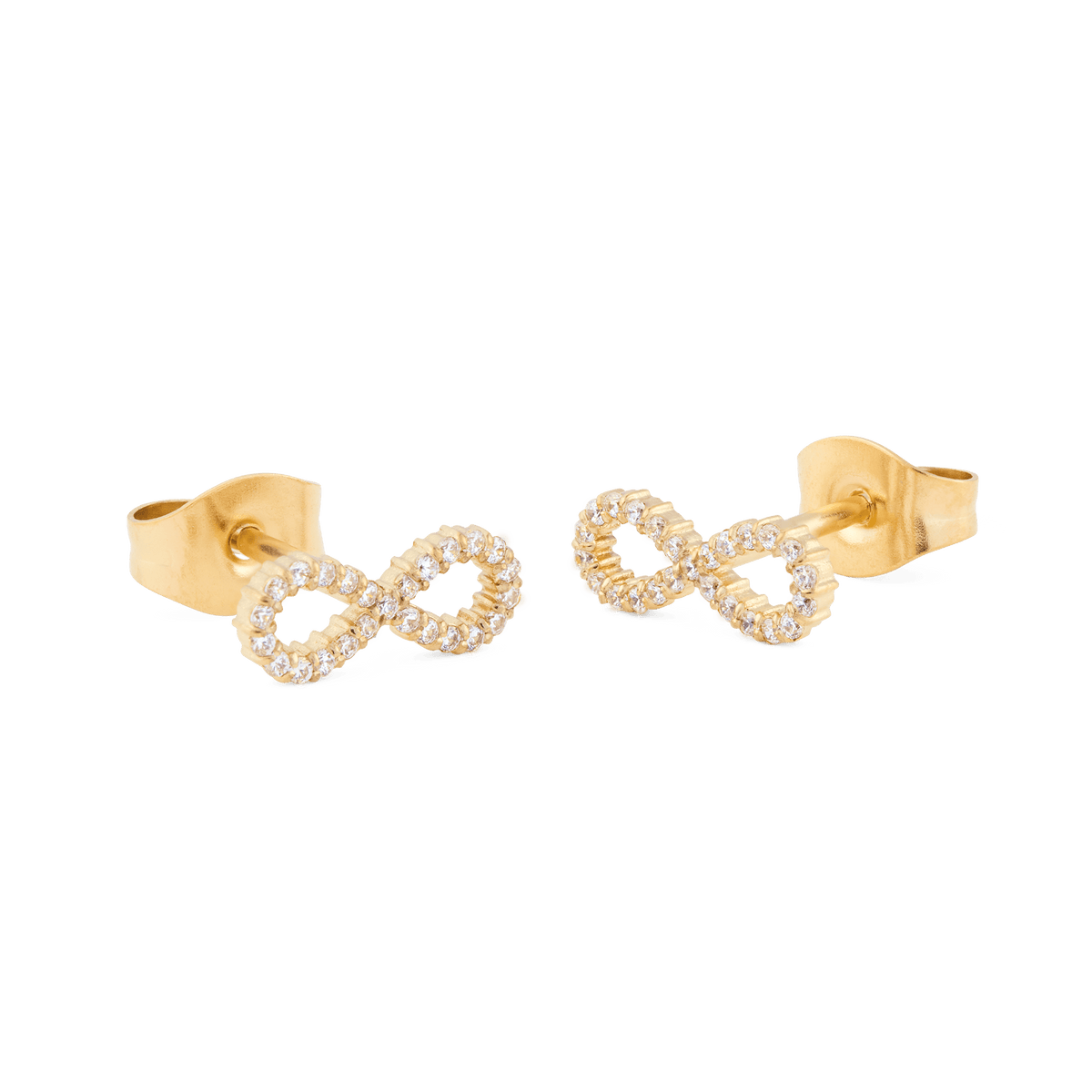 Mirelle Infinity Earring Gold studs featuring an elegant infinity symbol, crafted in gold-plated stainless steel and adorned with sparkling white cubic zirconia crystals.