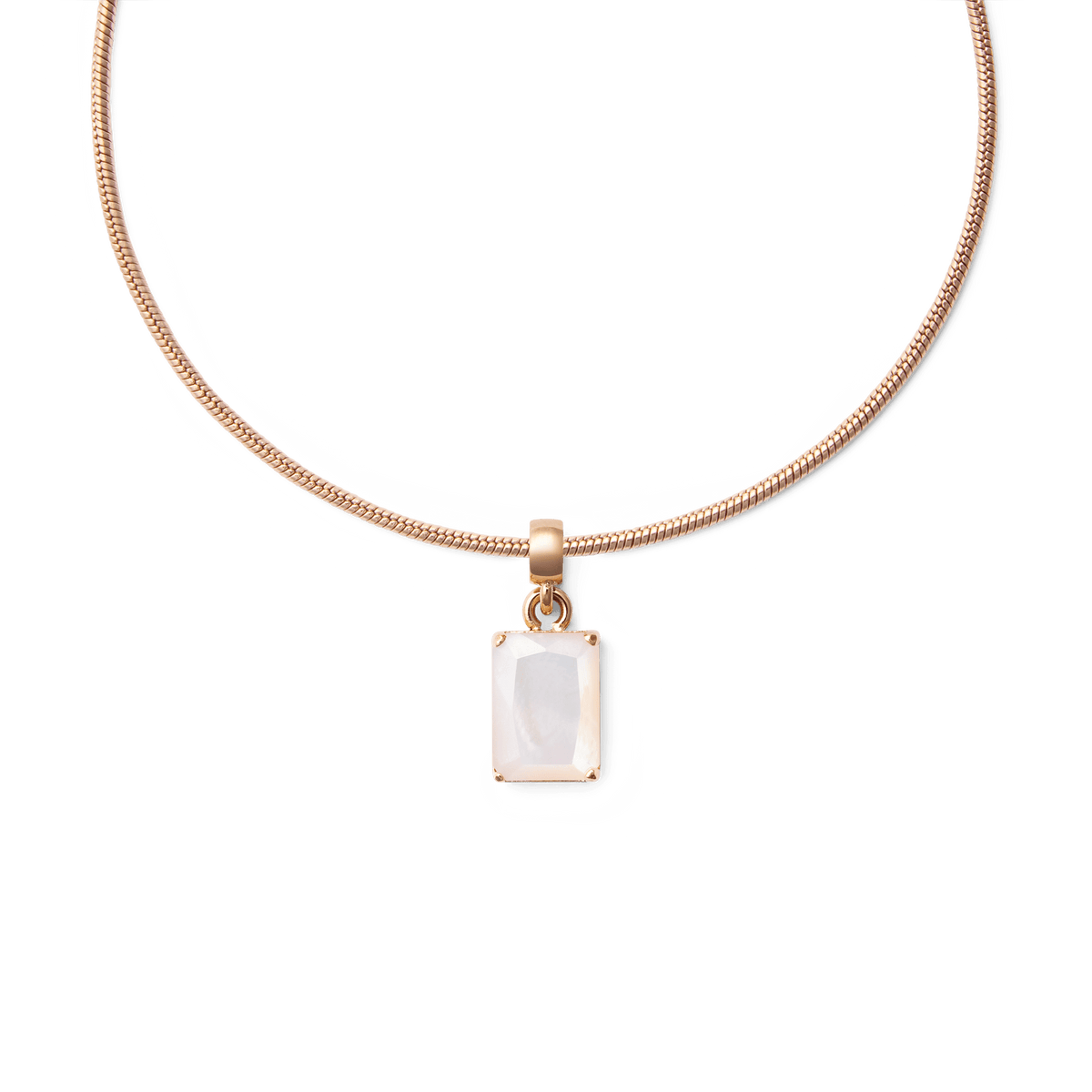 Mother of Pearl Octagon Rose Gold Charm displayed on a rose gold chain, featuring a faceted mother of pearl stone set in an octagonal rose gold frame for a refined, elegant finish.