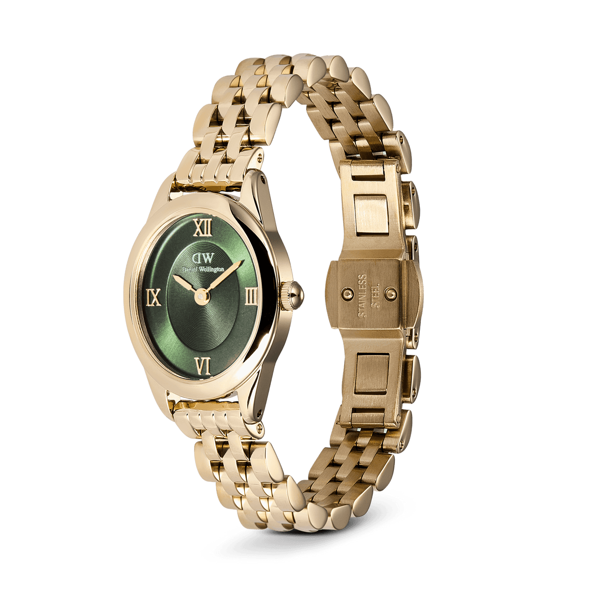 Daniel Wellington Ophelia Mini Emerald Gold watch with an oval emerald green sunray dial, polished gold Roman numerals, and a gold beans link bracelet featuring a butterfly clasp.