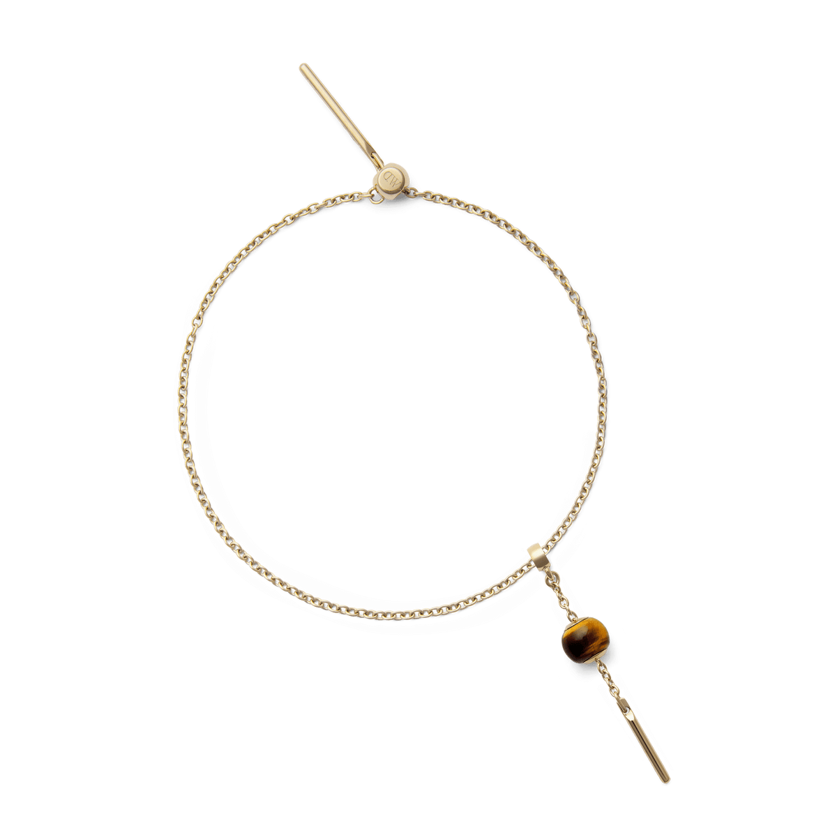 Gold charm extension chain bracelet featuring a delicate polished chain, a sleek gold bar, and a round tiger’s eye bead, designed for layering or personalising your jewellery collection.