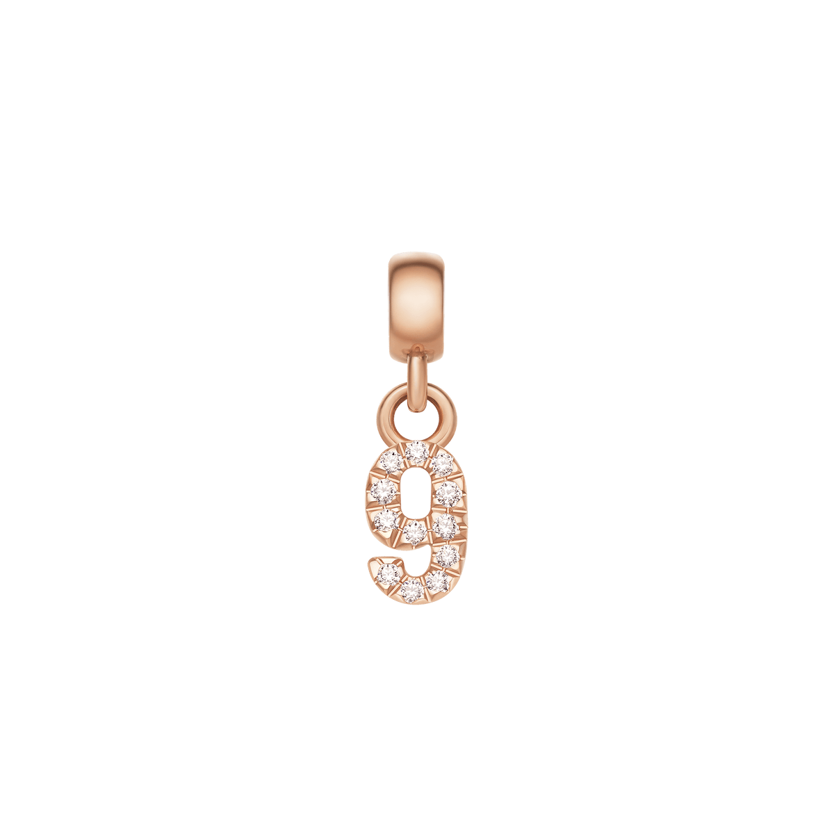 Rose gold number 9 charm crafted from stainless steel, featuring sparkling cubic zirconia crystals in a claw setting and a smooth, polished finish.
