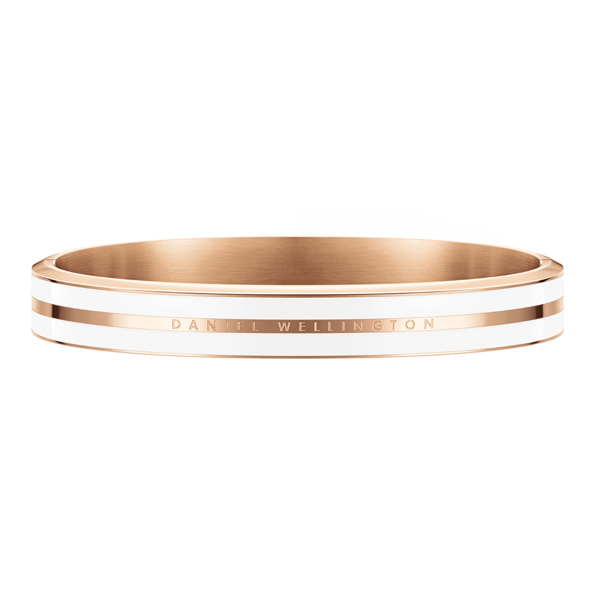 Rose gold bangle with a satin white enamel inlay, engraved with the Daniel Wellington logo and featuring a sleek, minimalist design.