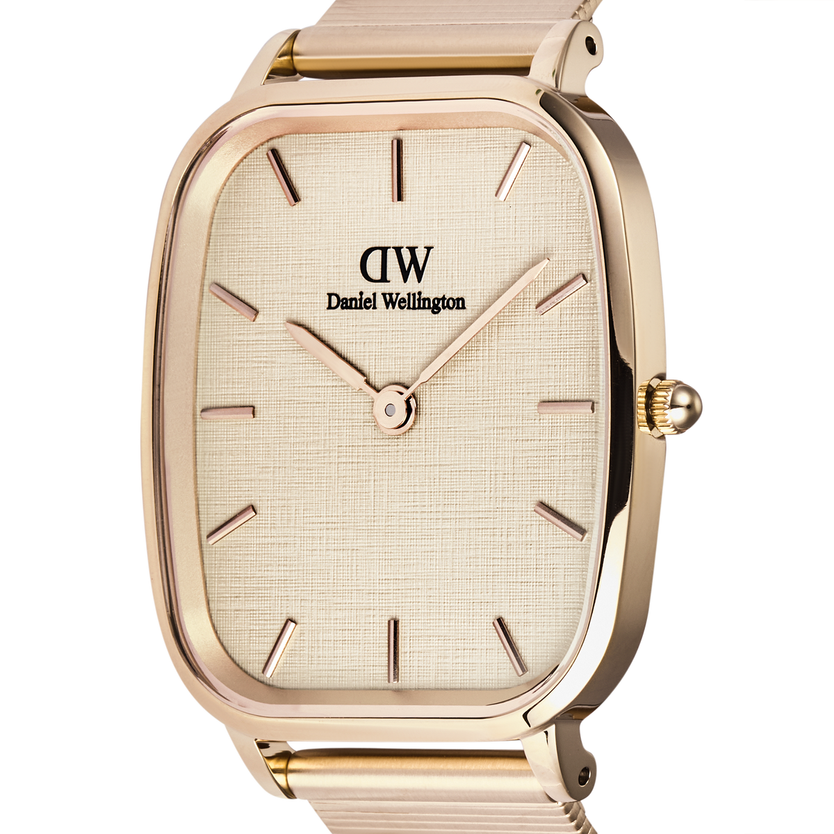 Close-up of the Daniel Wellington Marlon Wire Linen Rose Gold watch, highlighting its cushion-shaped rose gold case, linen-textured dial, minimalist hour markers, and slender hands.