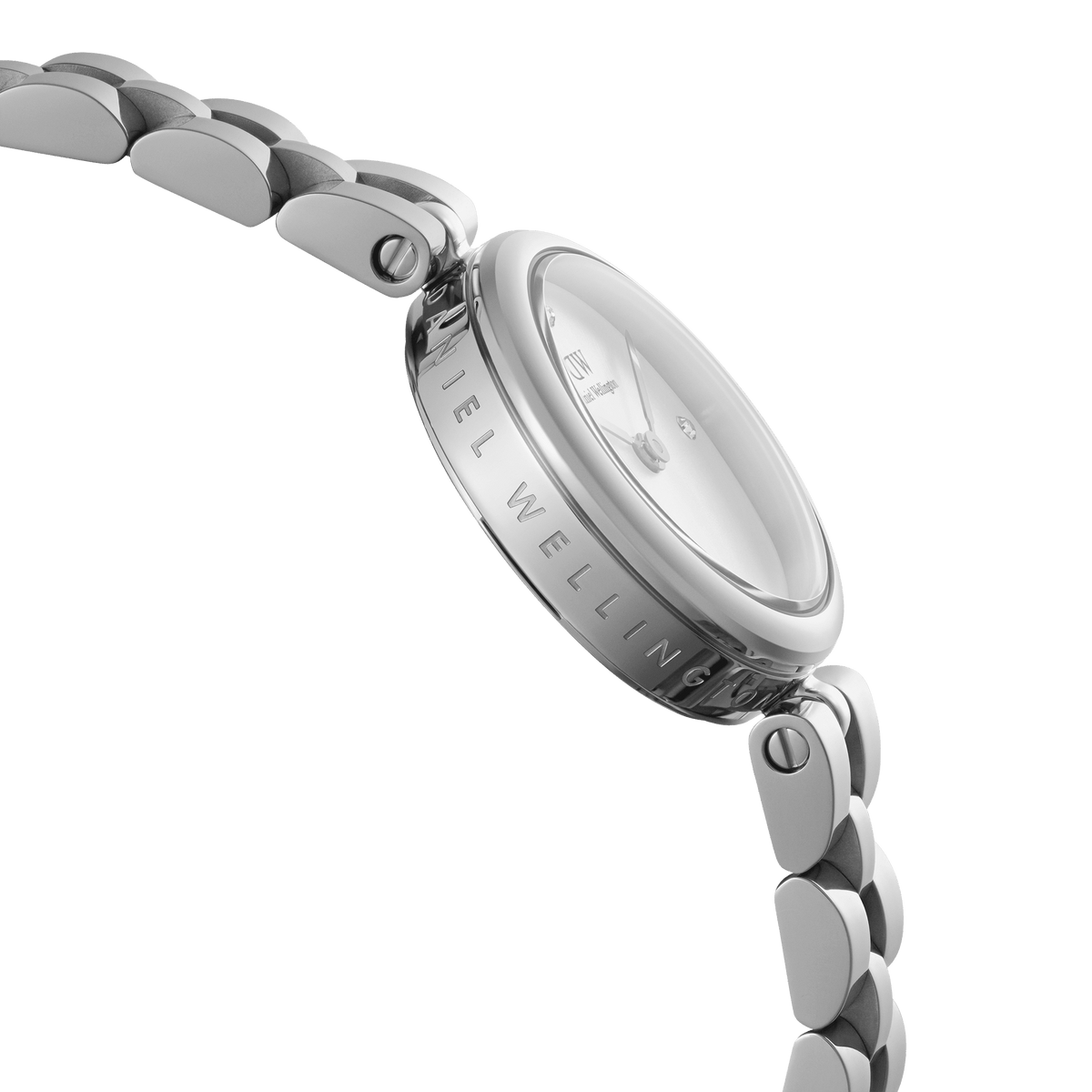 Side view of Elan Lumine Silver women’s watch showing engraved case and polished stainless steel link bracelet.